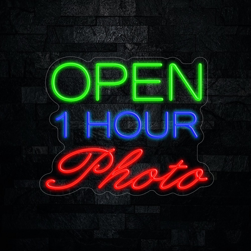 1 Hour Photo Open LED Neon Sign 20&Prime;L x 16&Prime;H #25009