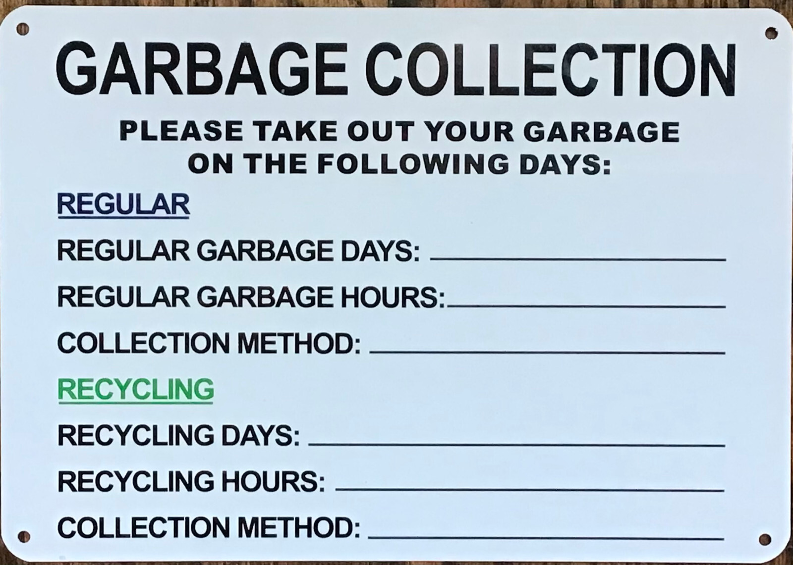 GARBAGE COLLECTION SIGN HPD NYC REQUIRED SIGN (7X10 WHITE BACKGROUND,ALUMINUM)