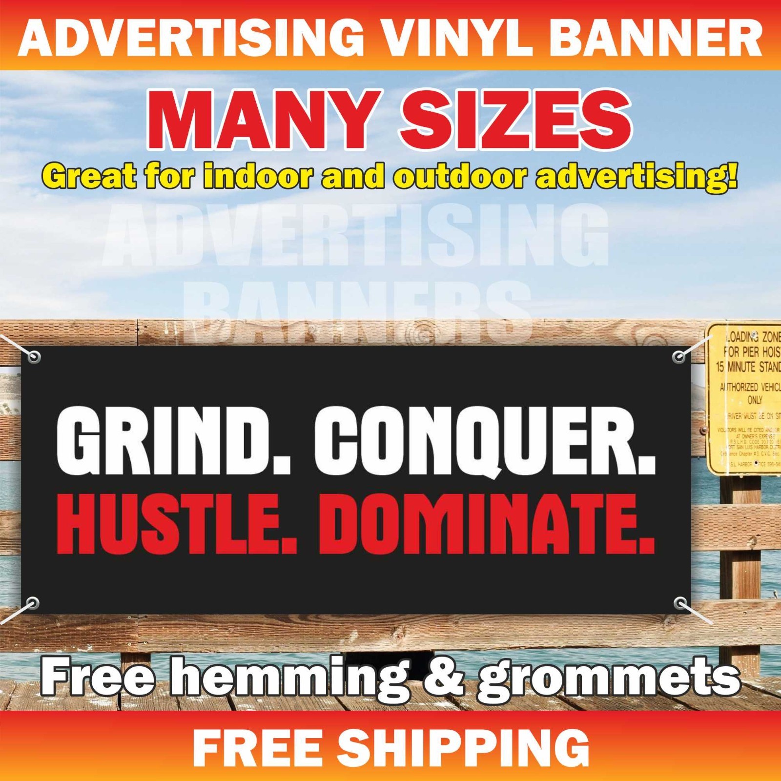 GRIND. CONQUER. HUSTLE. Advertising Banner Vinyl Sign Motivation Poster Workout