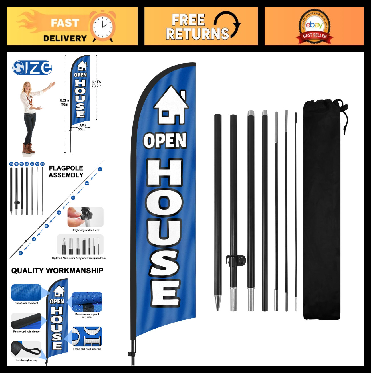 Open House Sign Kit with Flag & Stake – 8ft Blue Real Estate Banner, Yard Signs