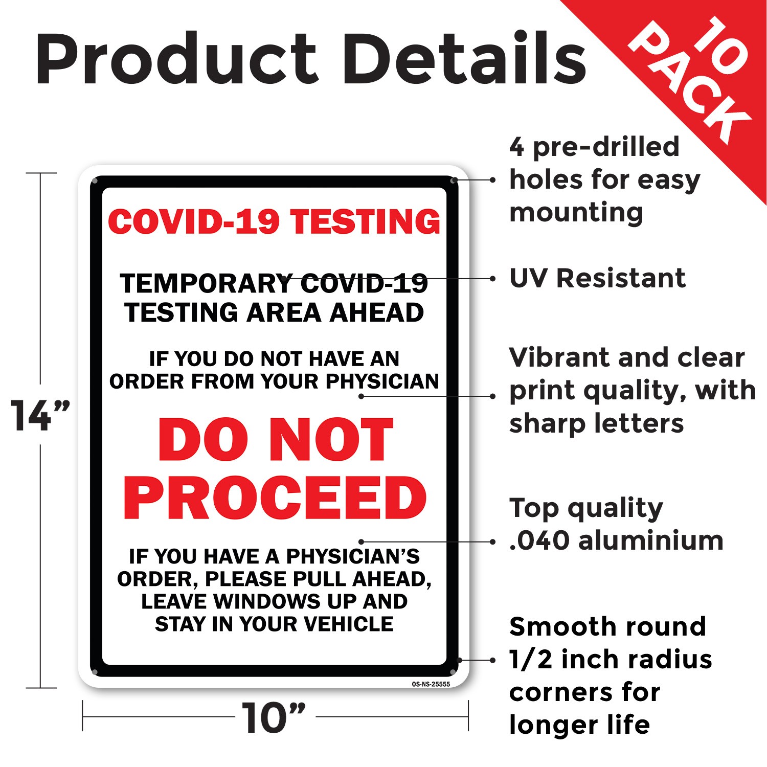COVID-19 Testing Area Ahead Do Not Proceed Public Safety Sign, Decal 5/10 Pack