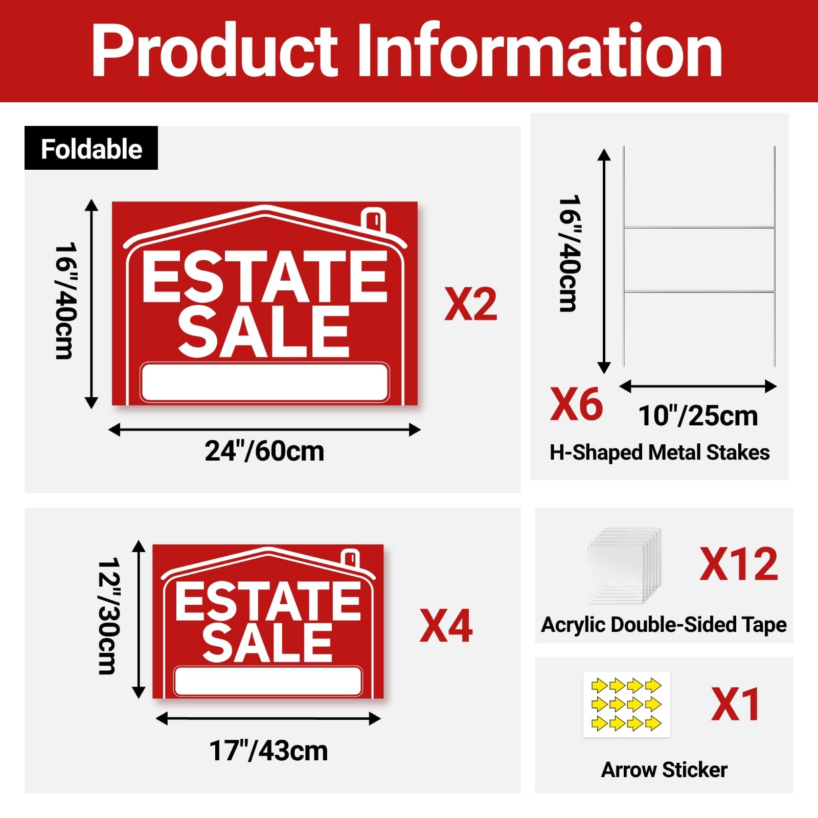 6 Pcs Estate Sale Signs with Stakes – 2 Extra-Large 24&Prime;x16&Prime; & 4 Large 17&Prime;x12&Prime; Wa