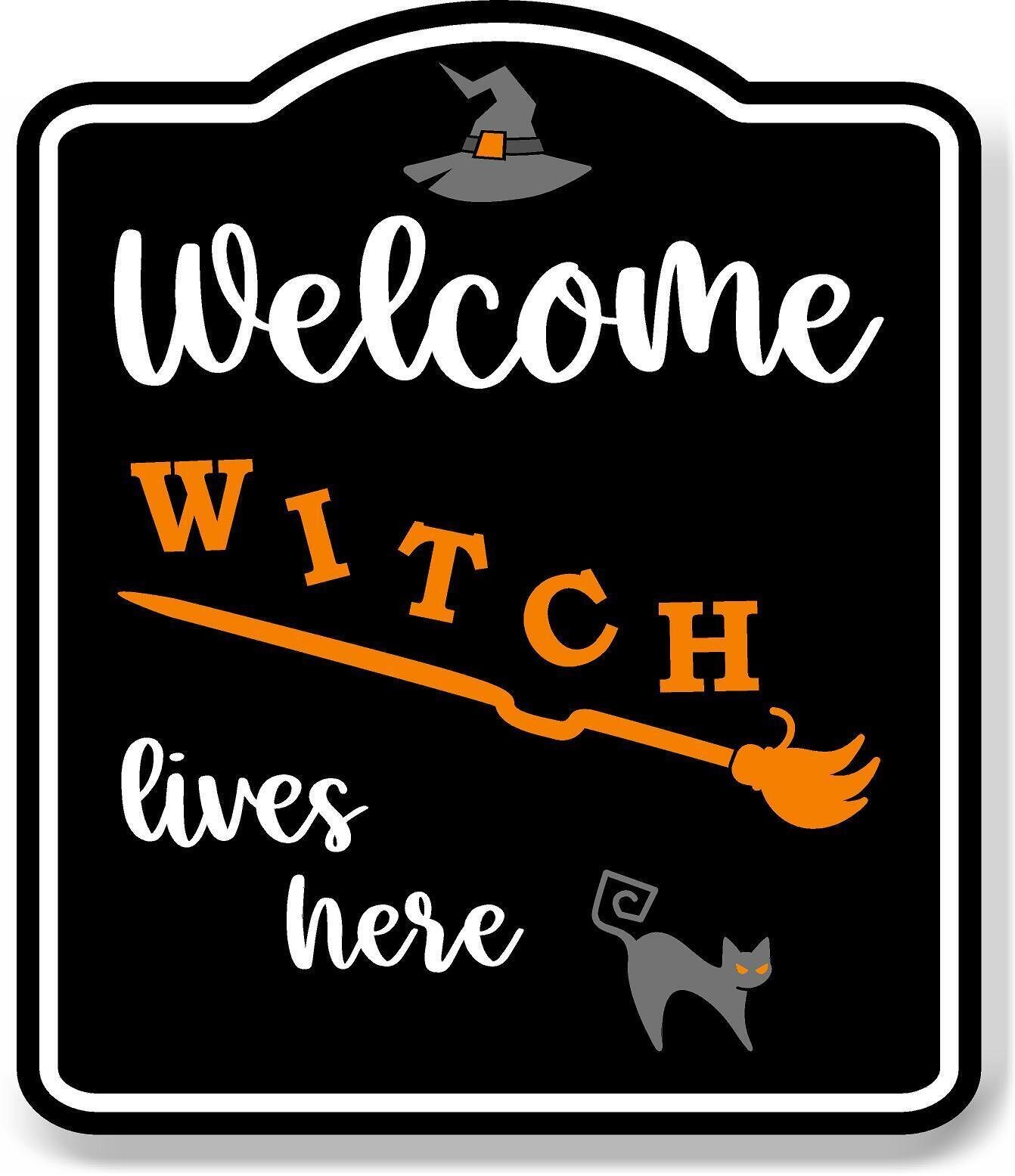 Welcome Witch Lives Here Orange Broom BLACK Aluminum Composite Sign