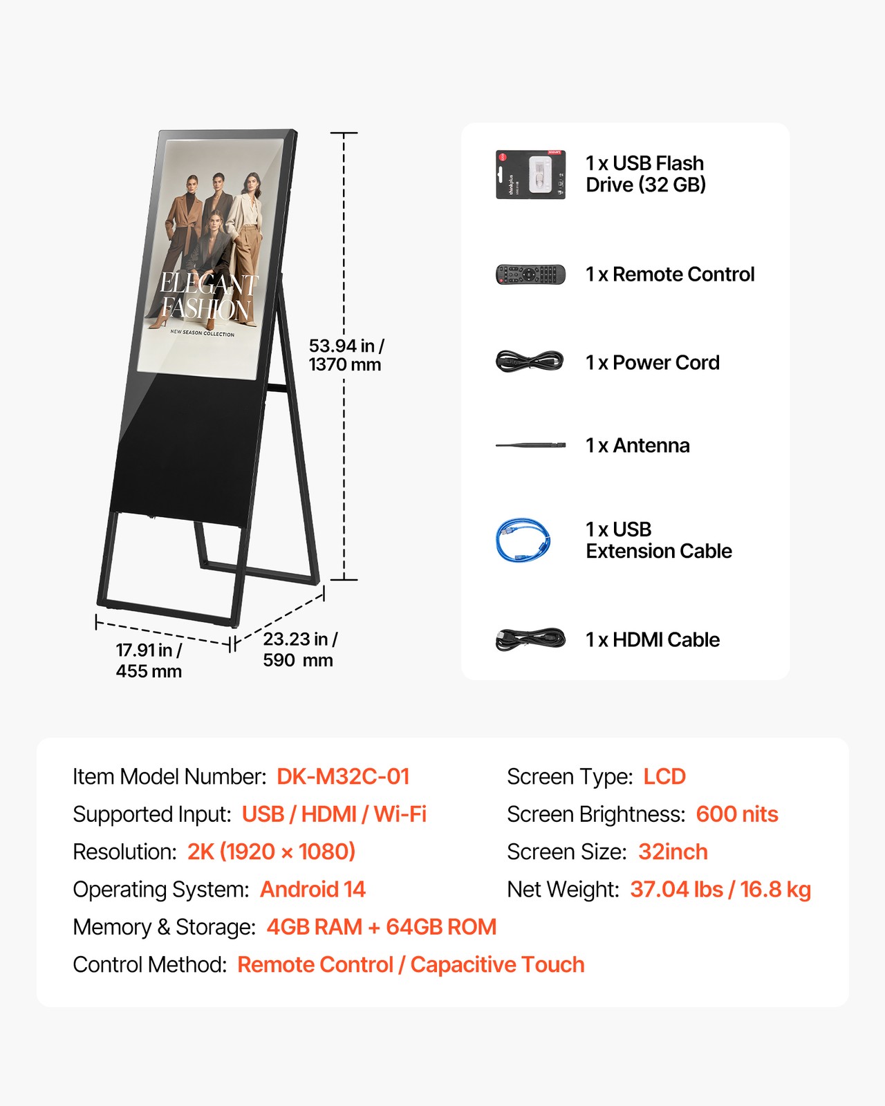 VEVOR 32 in Indoor Digital Signage Floor Standing Advertising Display Kiosk LCD