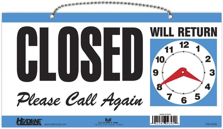 Weather-Resistant Double-Sided Open/Closed Sign – 6×11.5 with Clock Hands