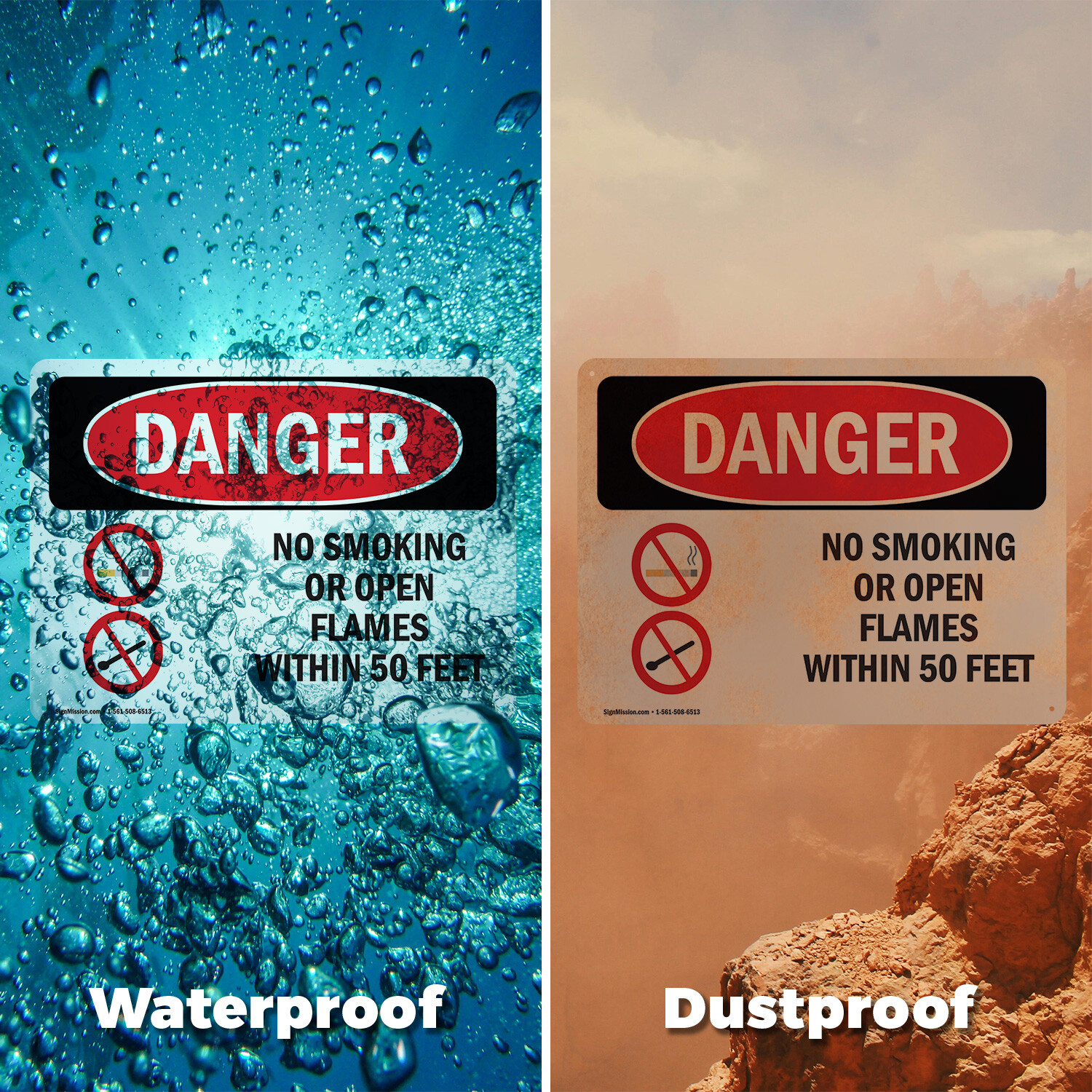 (2 Pack) No Smoking Or Open Flames Within 50 Feet OSHA Danger Sign Decal Metal