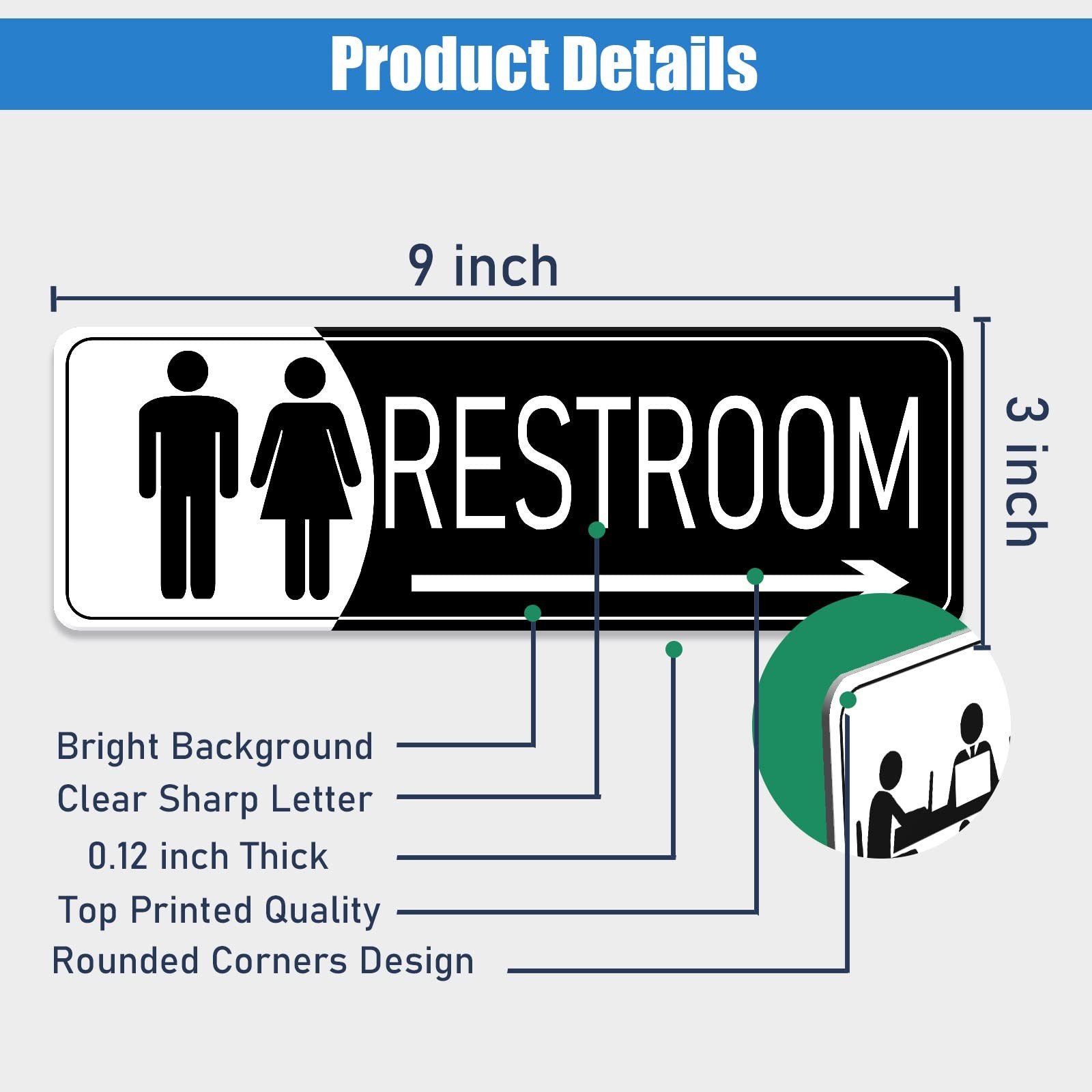 9×3 Inch Restroom Sign Right Arrow Black White SelfStick Door Wall Plaque