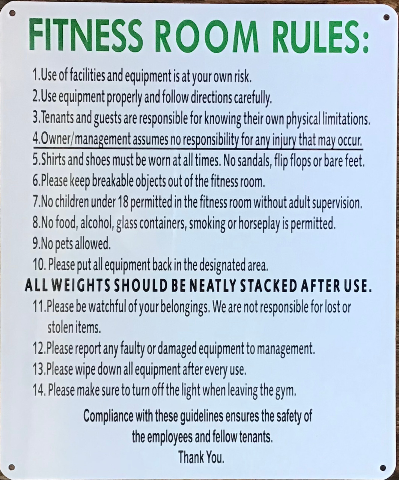 FITNESS ROOM RULES SIGN (10X12, WHITE, ALUMINUM) -REF24-1027