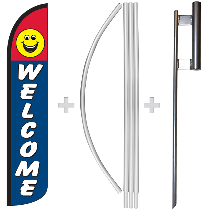 Welcome Smiley Face 15&prime; Tall Windless Swooper Feather Banner Flag & Pole Kit