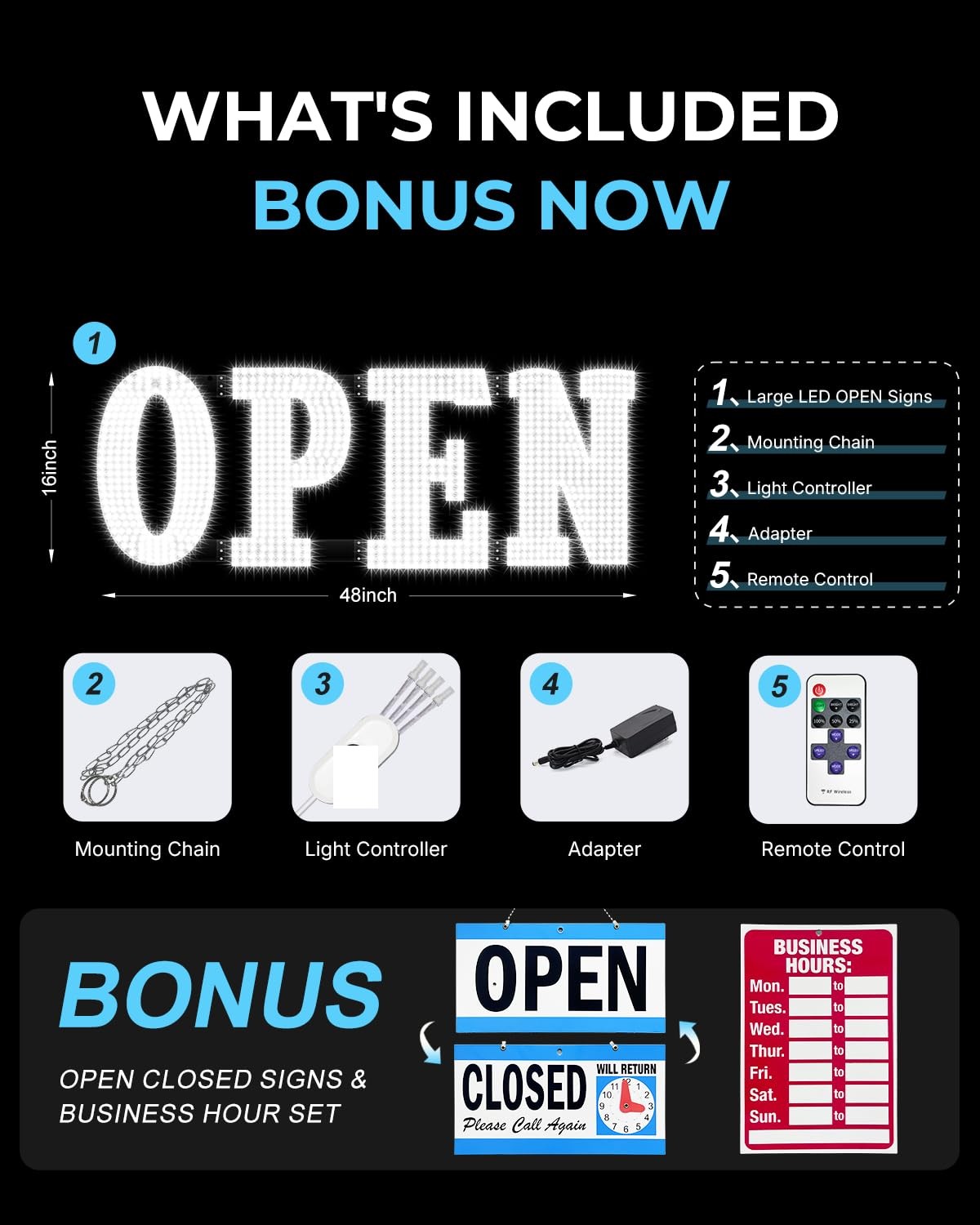 48&Prime;x17&Prime; Extra Jumbo LED Open Sign BT and Remote Control Open Sign Super Brigh…