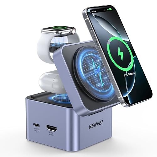 BENFEI 3-in-1 Foldable MagSafe Charging Stand with USB-C Hub Wireless Charging