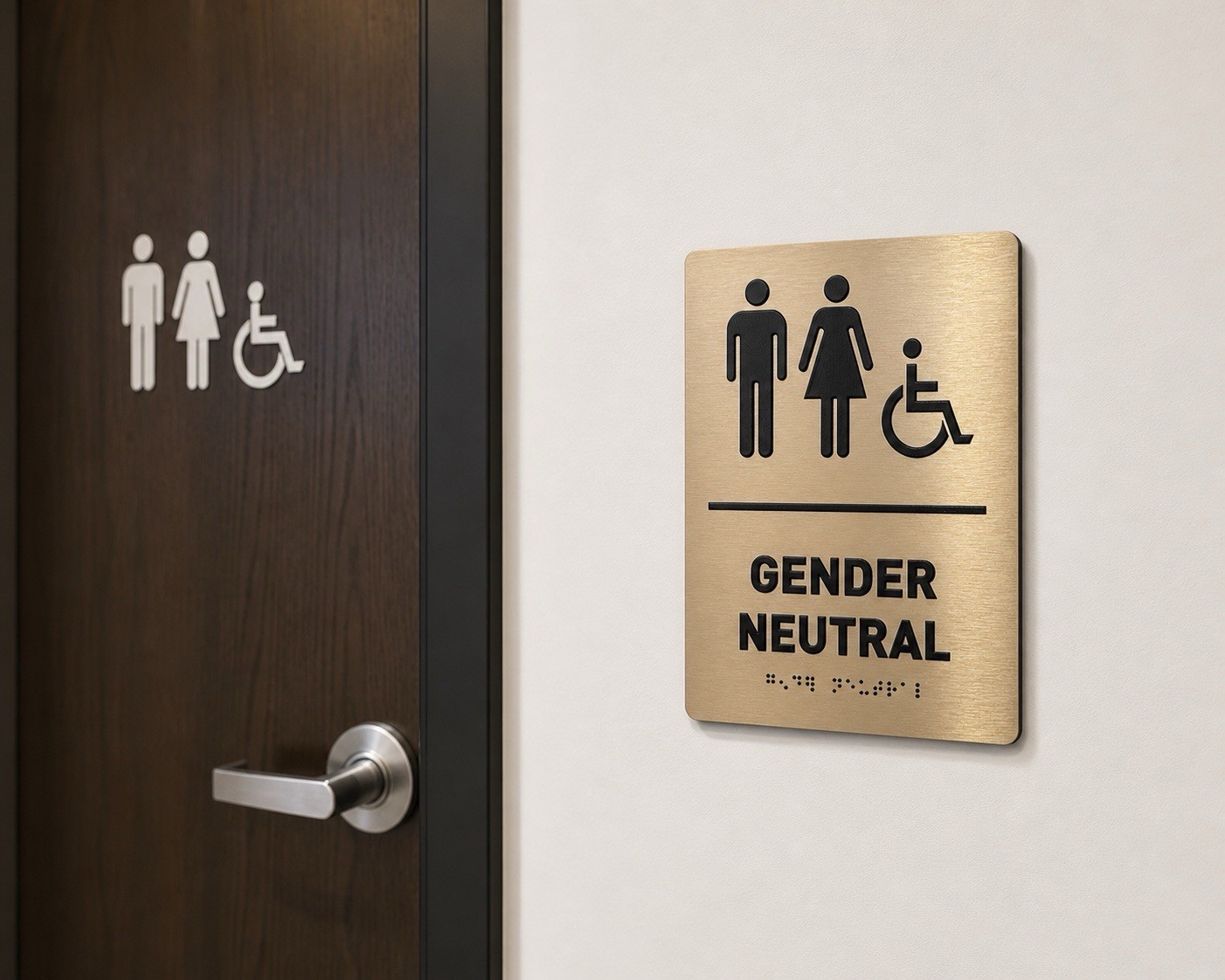 Gender Neutral Restroom Sign 8×6 Brushed Bronze ADA Braille Peel Stick