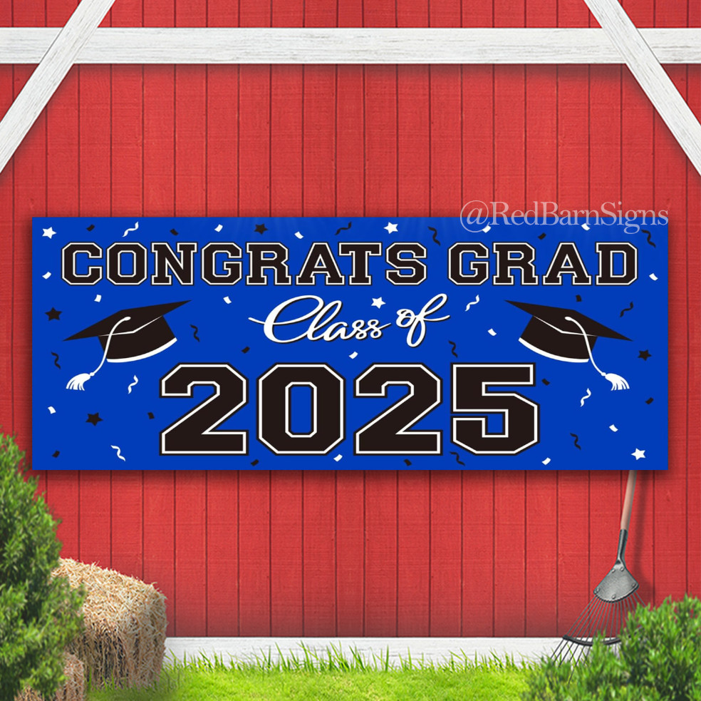 Congrats Class of 2025 Graduation Party Backdrop Blue Banner Sign with grommets