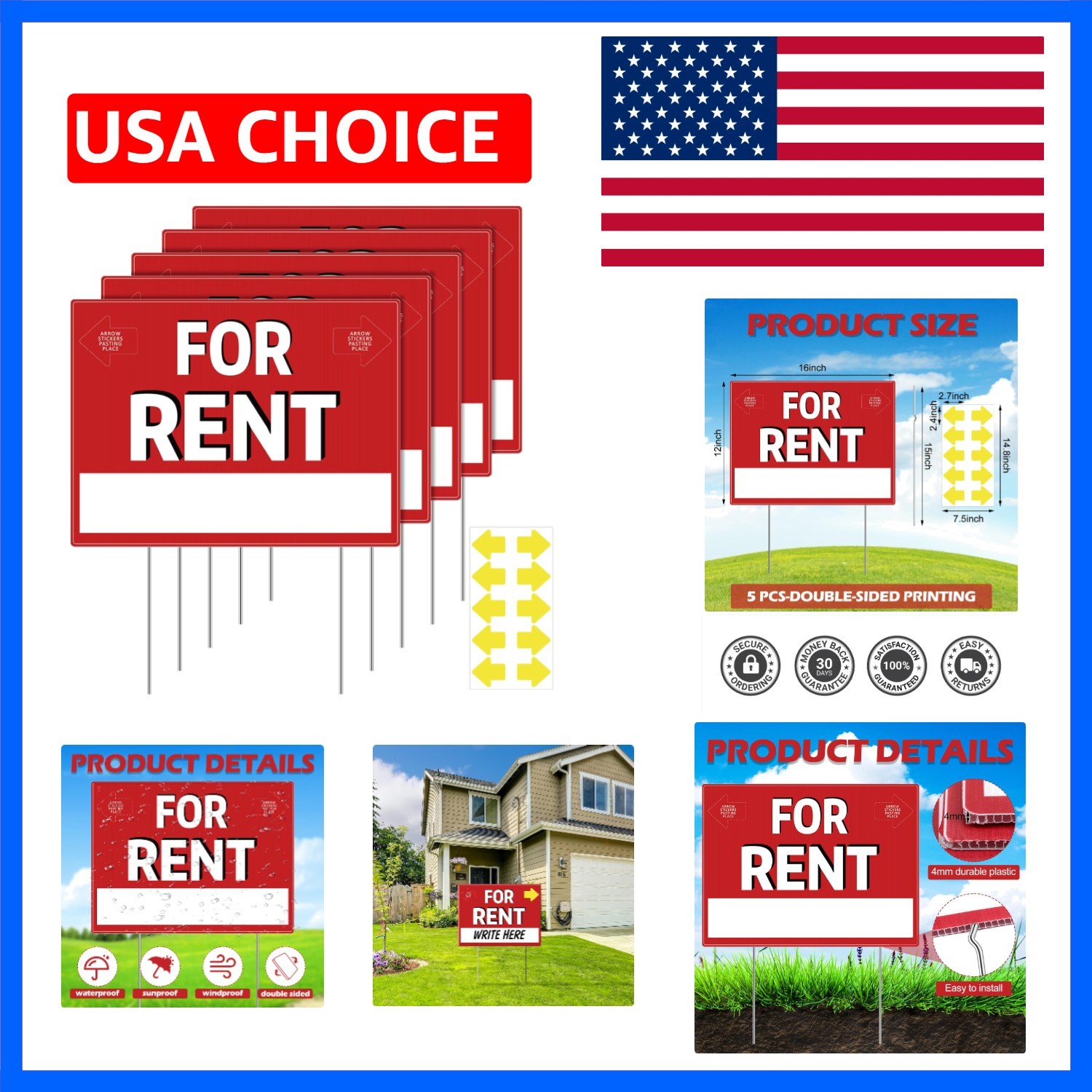 5 Pack 12 x 16 Inch for Rent Sign with Stand Double Sided Yard Sign Stands Co…