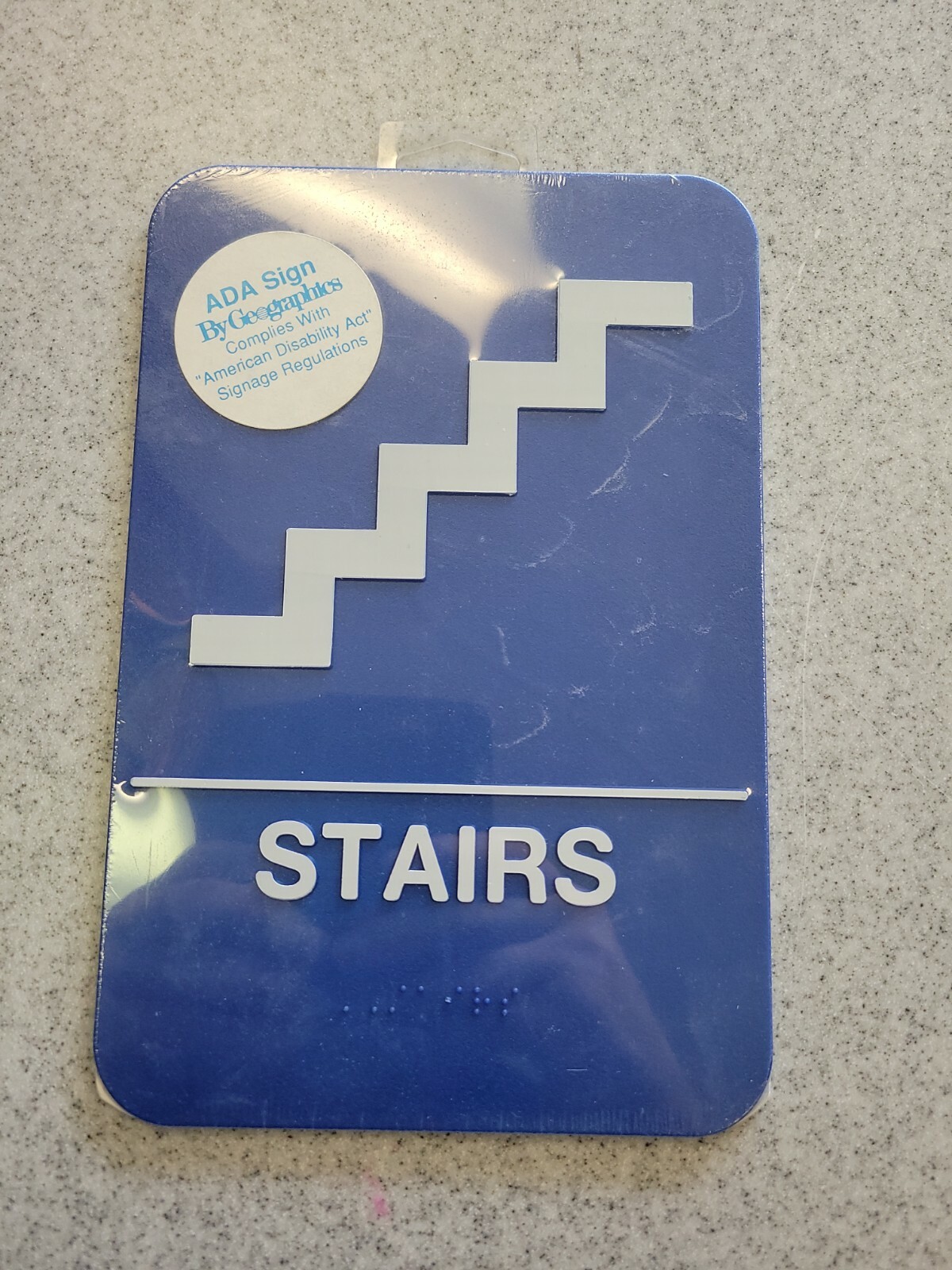 ADA Stairs Sign with Braille Adhesive Door Plate 9&Prime; x 6&Prime; Blue