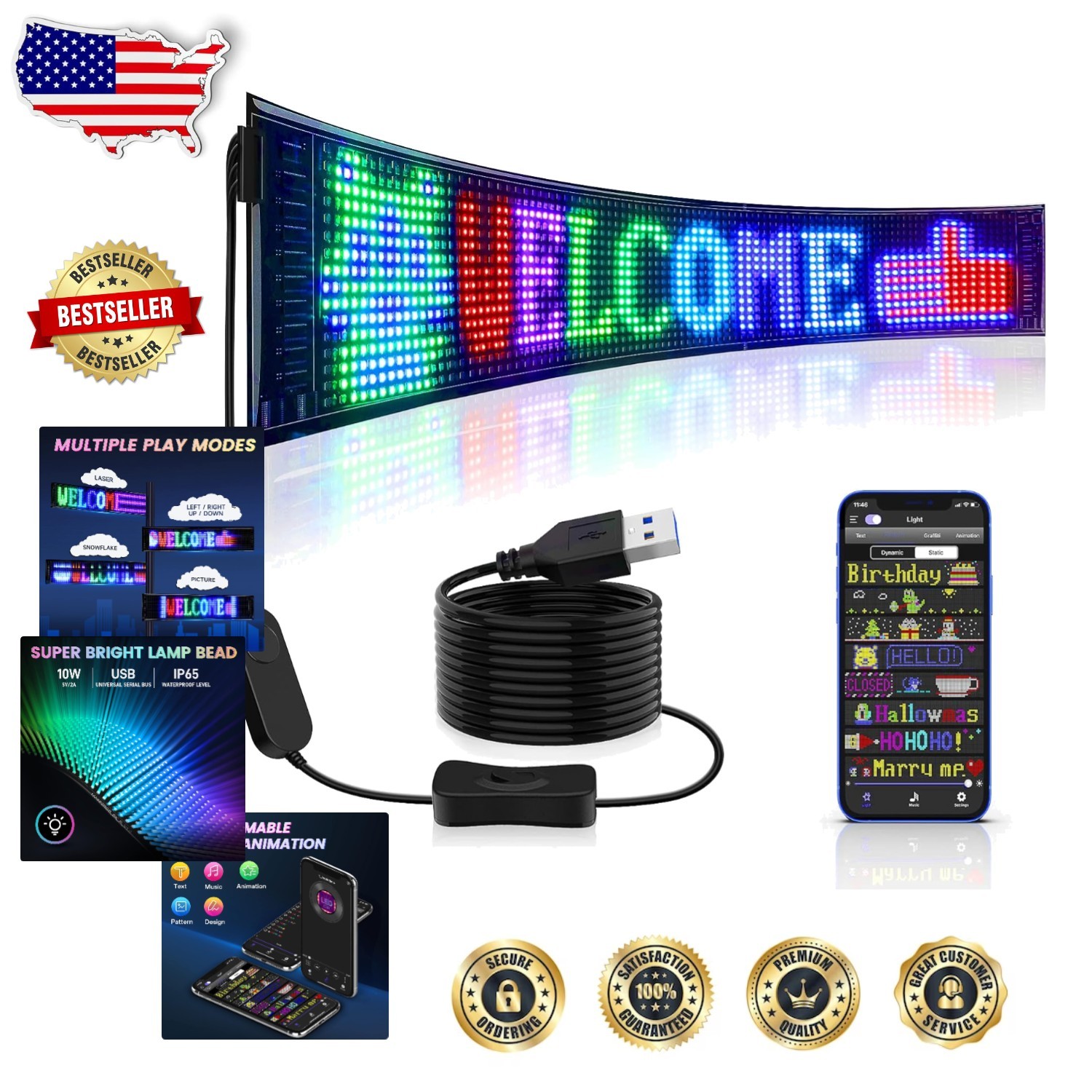 Huge 27&Prime; LED Sign – App Control Custom Text Animation Programmable Display