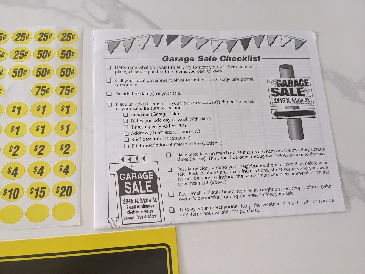 Garage Yard Estate Sale Sign Kit Inventory List and Price Stickers