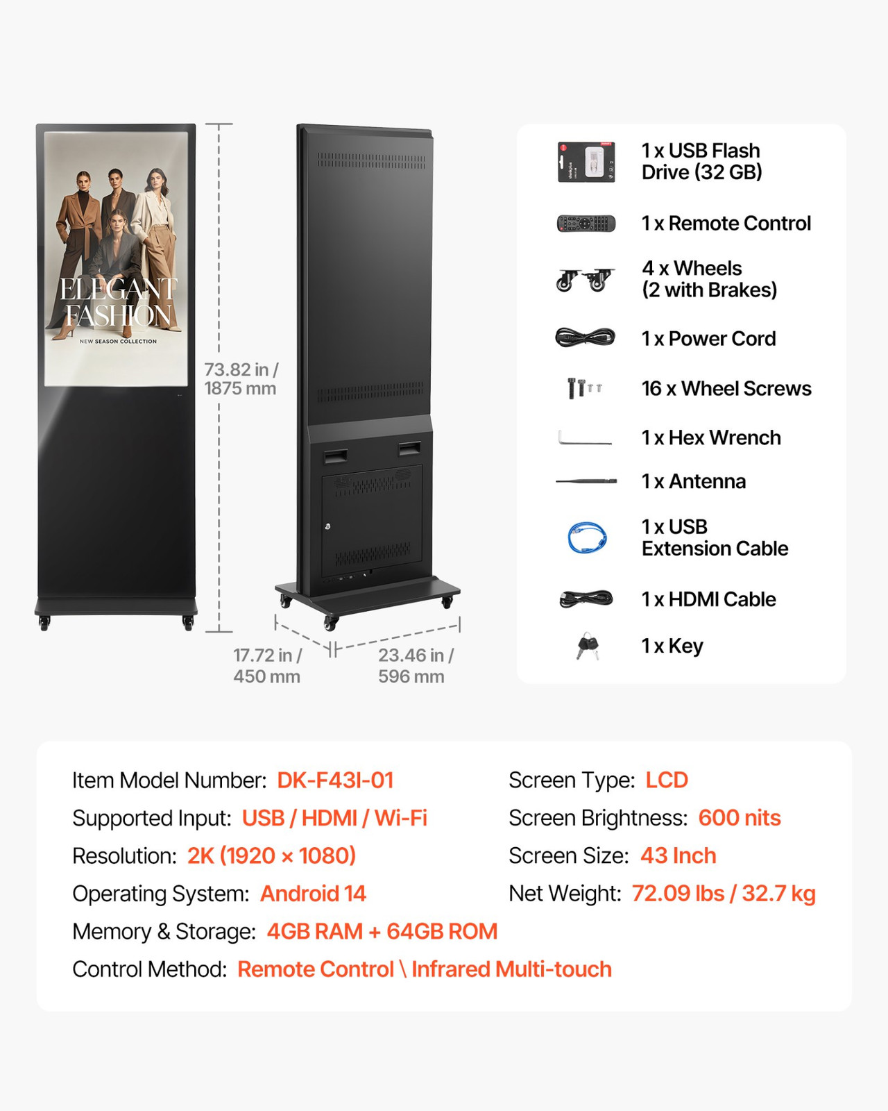 43&Prime; Digital Signage Touchscreen Kiosk Floor Stand Android Advertising Display