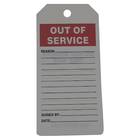 Zoro Select 43Z230 Tag, Out Of Service, Pvc, 6 1/4 In H X 3 In W, White,, 43Z230
