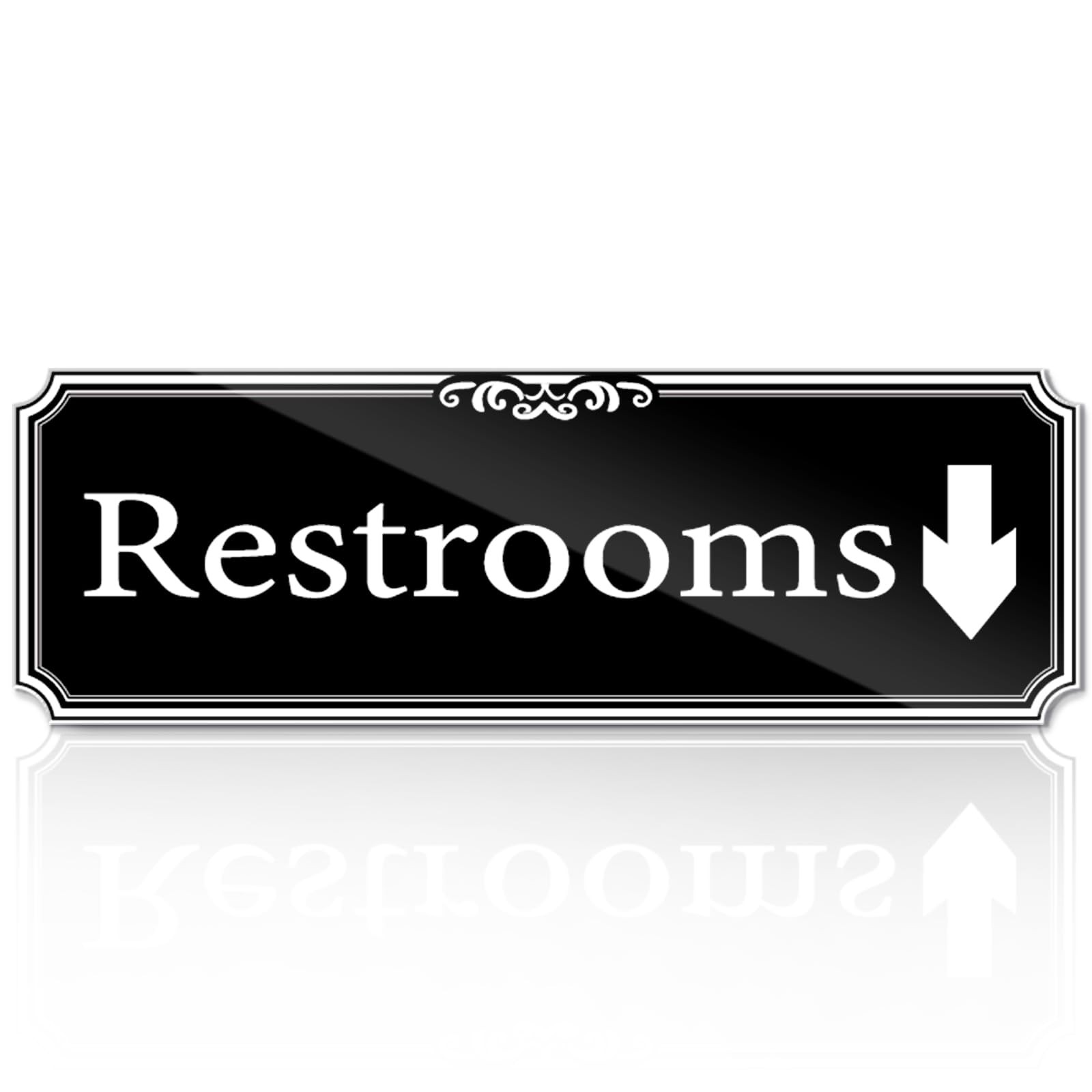 9×3 Inch Down Arrow Restroom Sign Self Adhesive Door Wall Office Plaque Black
