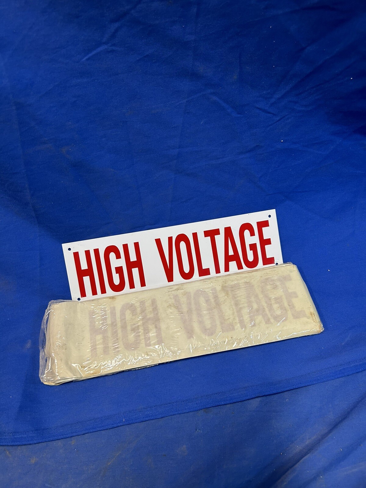 Nos Vintage Double sided white and red High voltage tin sign 12&Prime; x 3.5&Prime;