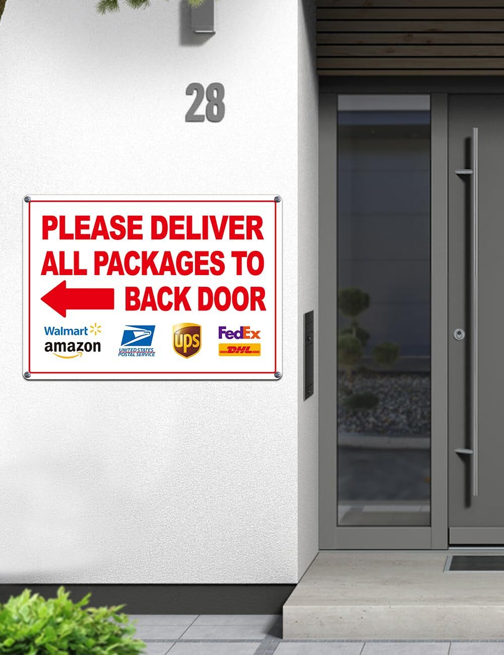 Please Deliver Packages Back Door Sign 14×10&Prime; Weatherproof Arrows 2-Pack