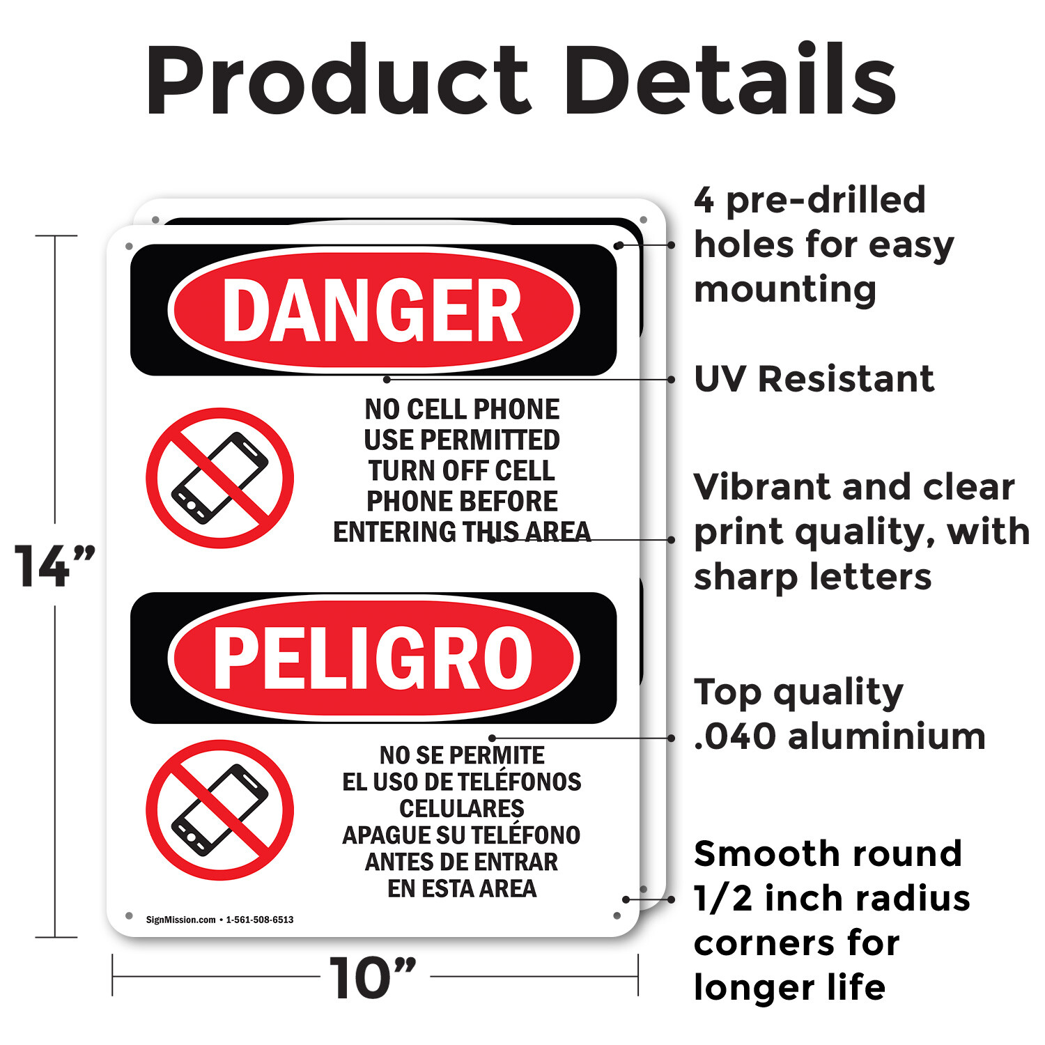 (2 Pack) No Cell Phone Use In Area Bilingual OSHA Danger Sign Decal Metal