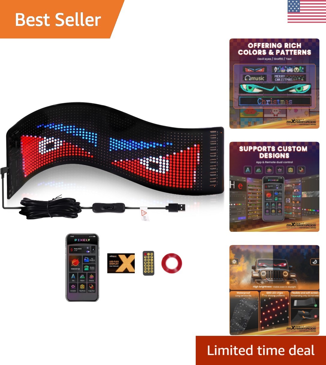 Flexible LED Display for Cars – 14&Prime;x4&Prime; Waterproof RGB Sign with Remote Control