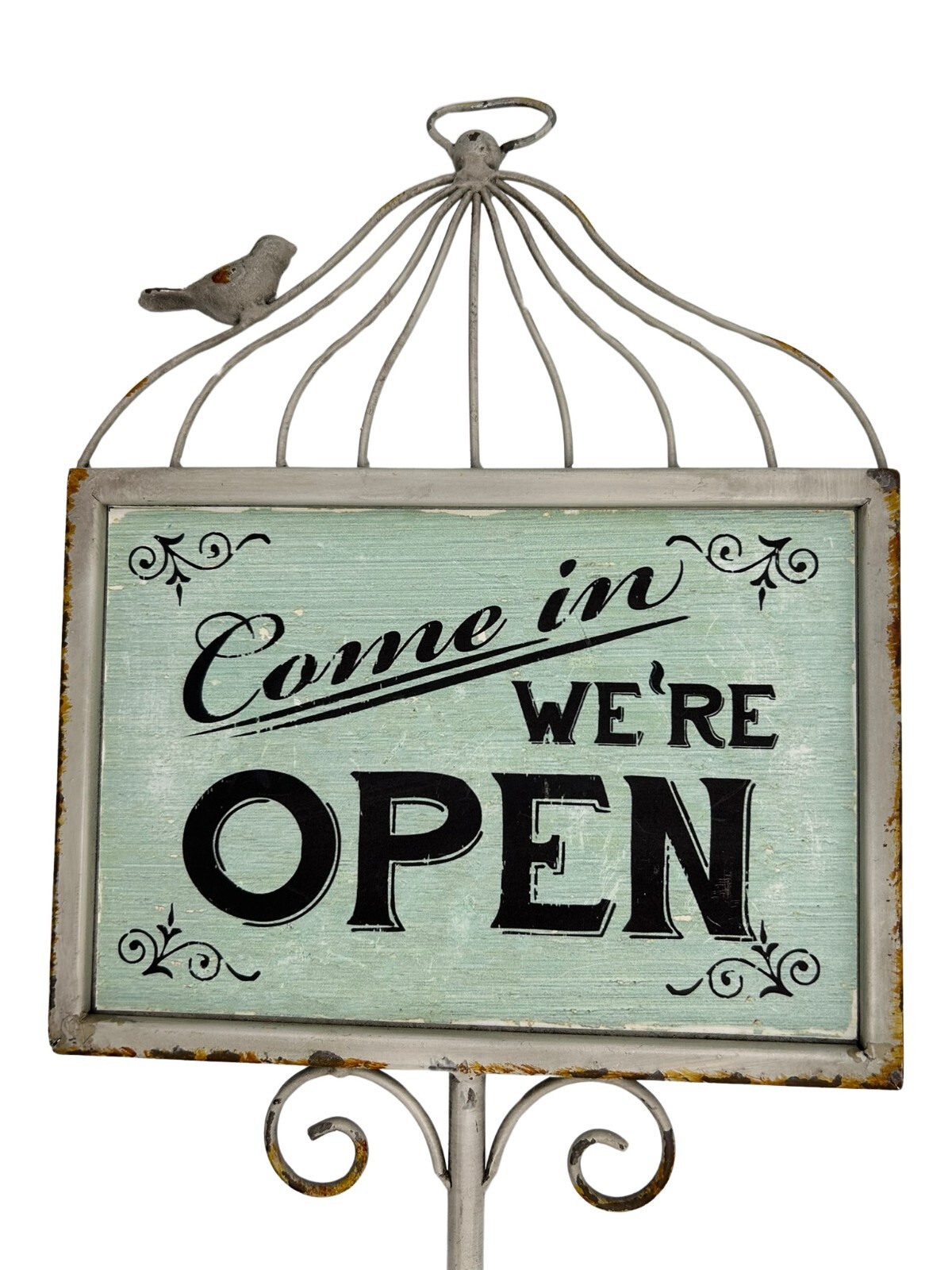 Open Closed Vintage Tabletop Heavy Metal Sign w Bird Cage Topped Retail Boutique