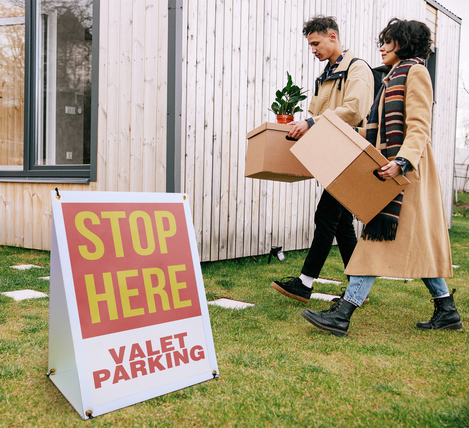 Stop Here Valet Parking A-Frame Sidewalk Sign Traffic Control Clear Message