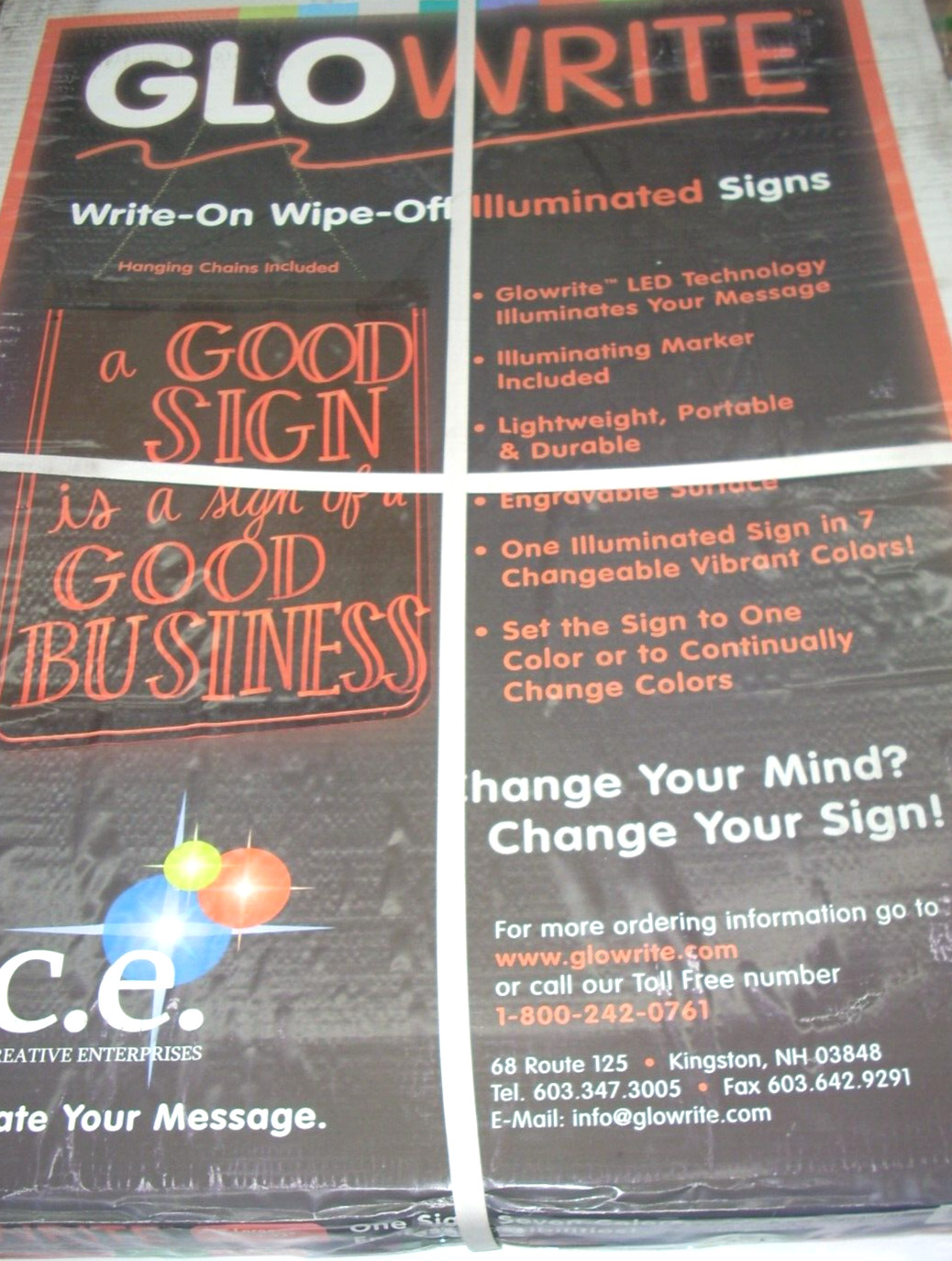 Glowrite 24 x 33 Write-On, Wipe-Off Illuminated Sign 7 Colors Continuous Change