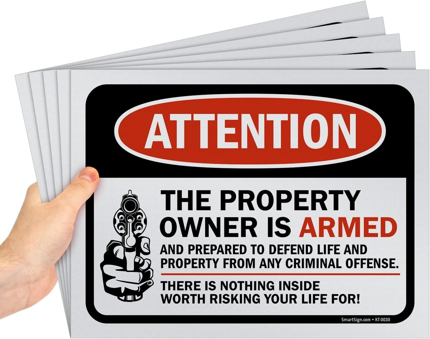 Pack of 5 9 x 12 inch “Attention – The Property Owner Is Armed” No Trespassin…
