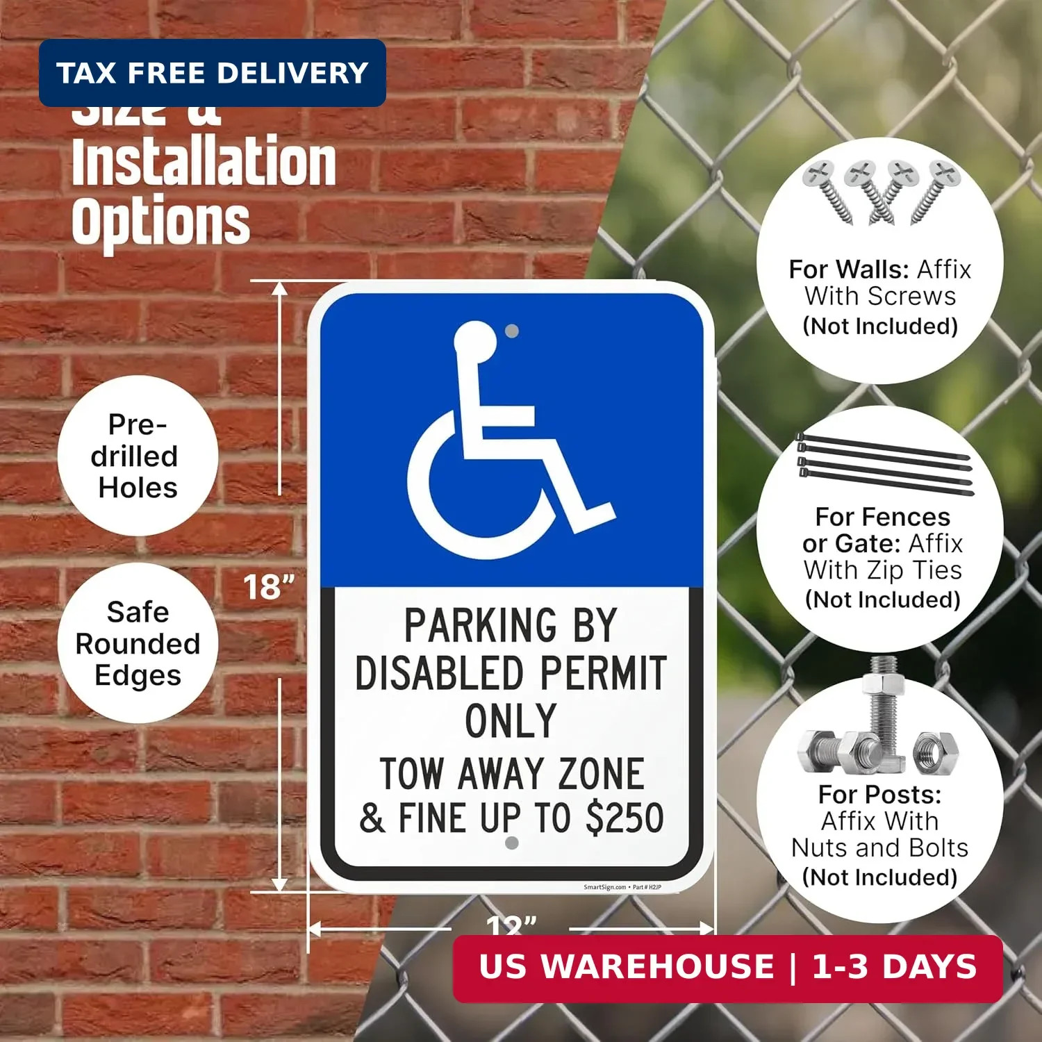 SmartSign Basics 18 x 12 inch « Parking By Disabled Permit, Tow-Away Zone » Handic