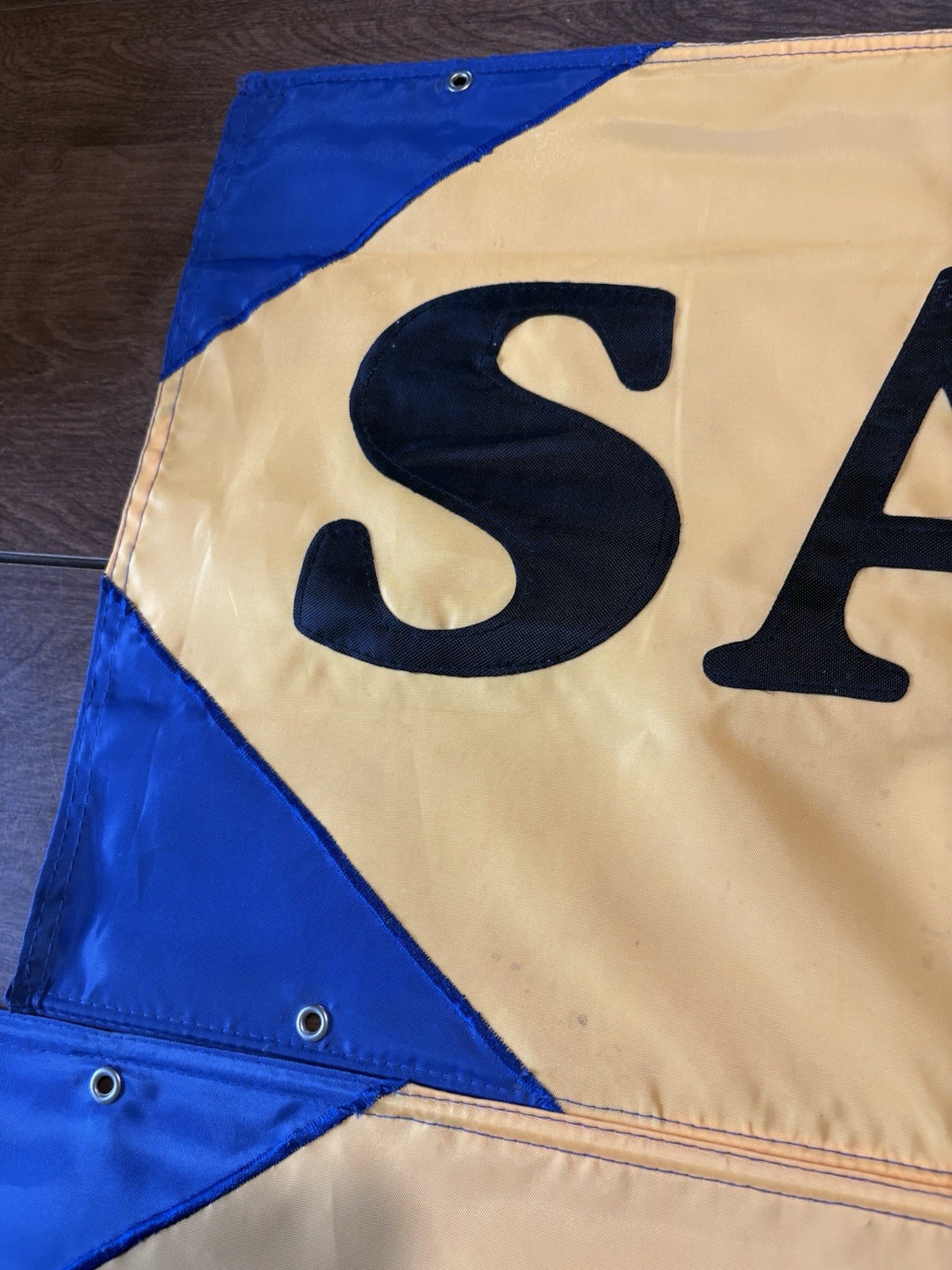 SALE Two Sided Grommets Sewn Letter Nylon Retail Banner Yellow Blue & Black (2)