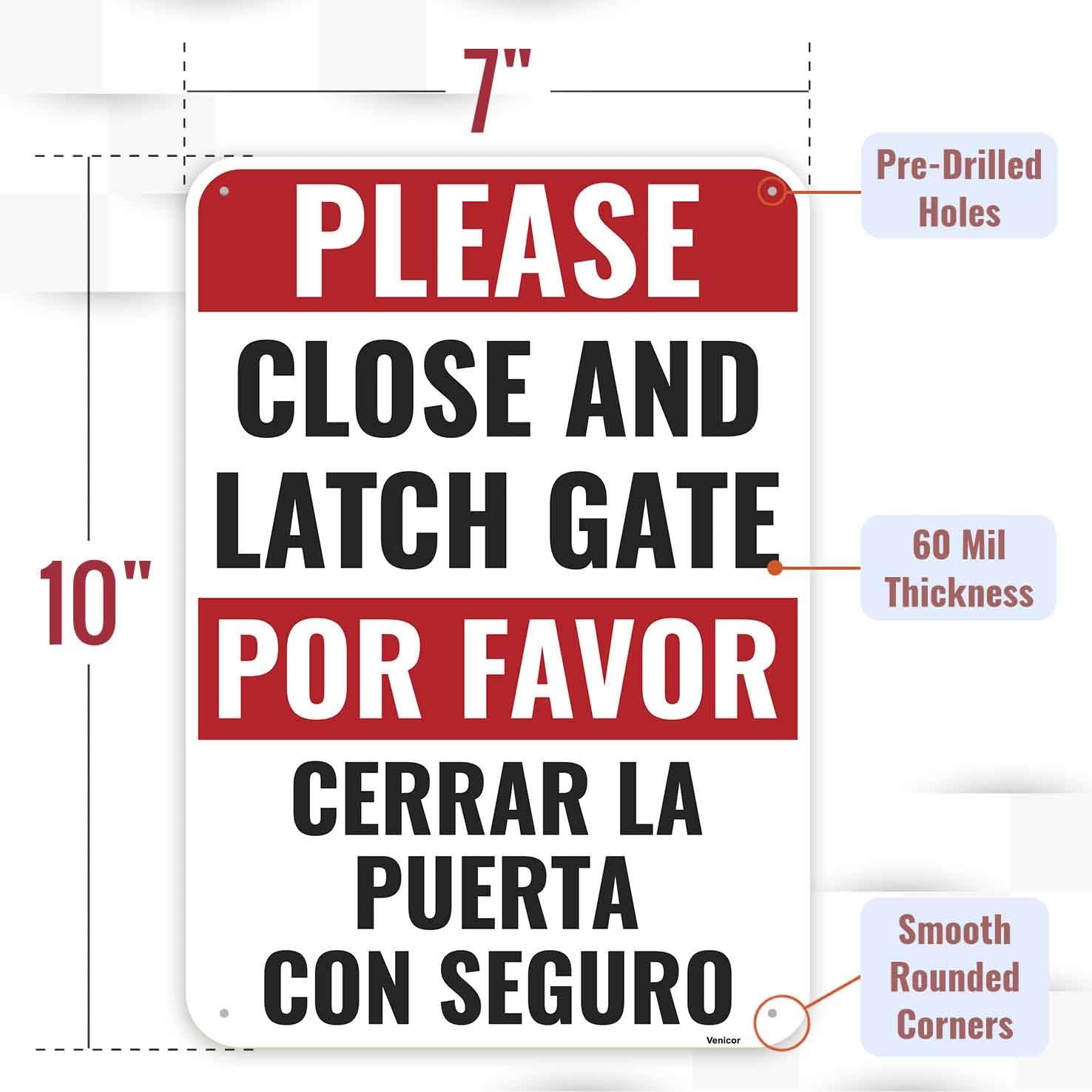 2 PCS Close And Latch Gate Bilingual Spanish Aluminum Sign 10×7 Inch Safe