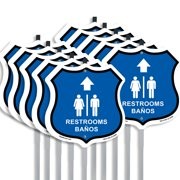Restrooms Ba�os Up Arrow Bilingual English / Spanish Shield Sign With Stake