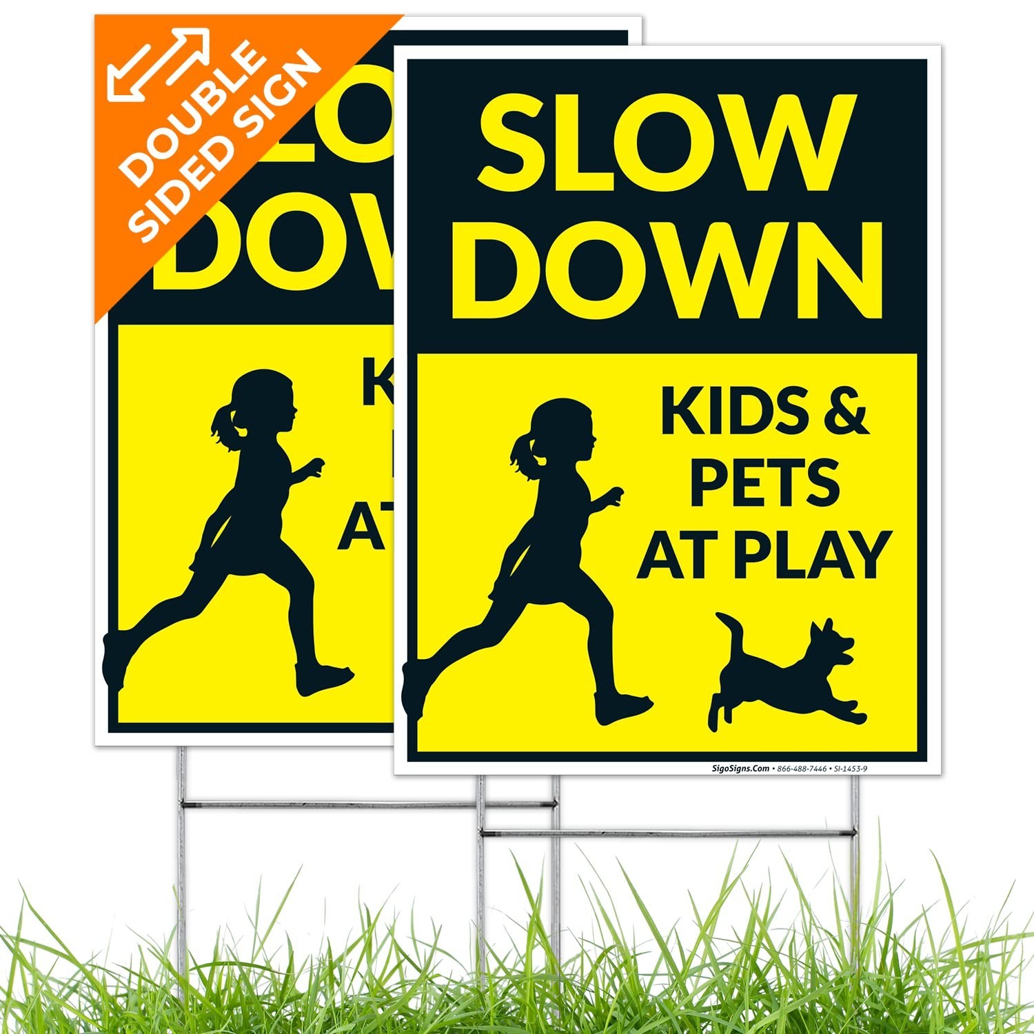 Slow Down Kids & Pets At Play With Graphics Sign, Pack of 2 Double Sided 9×12…