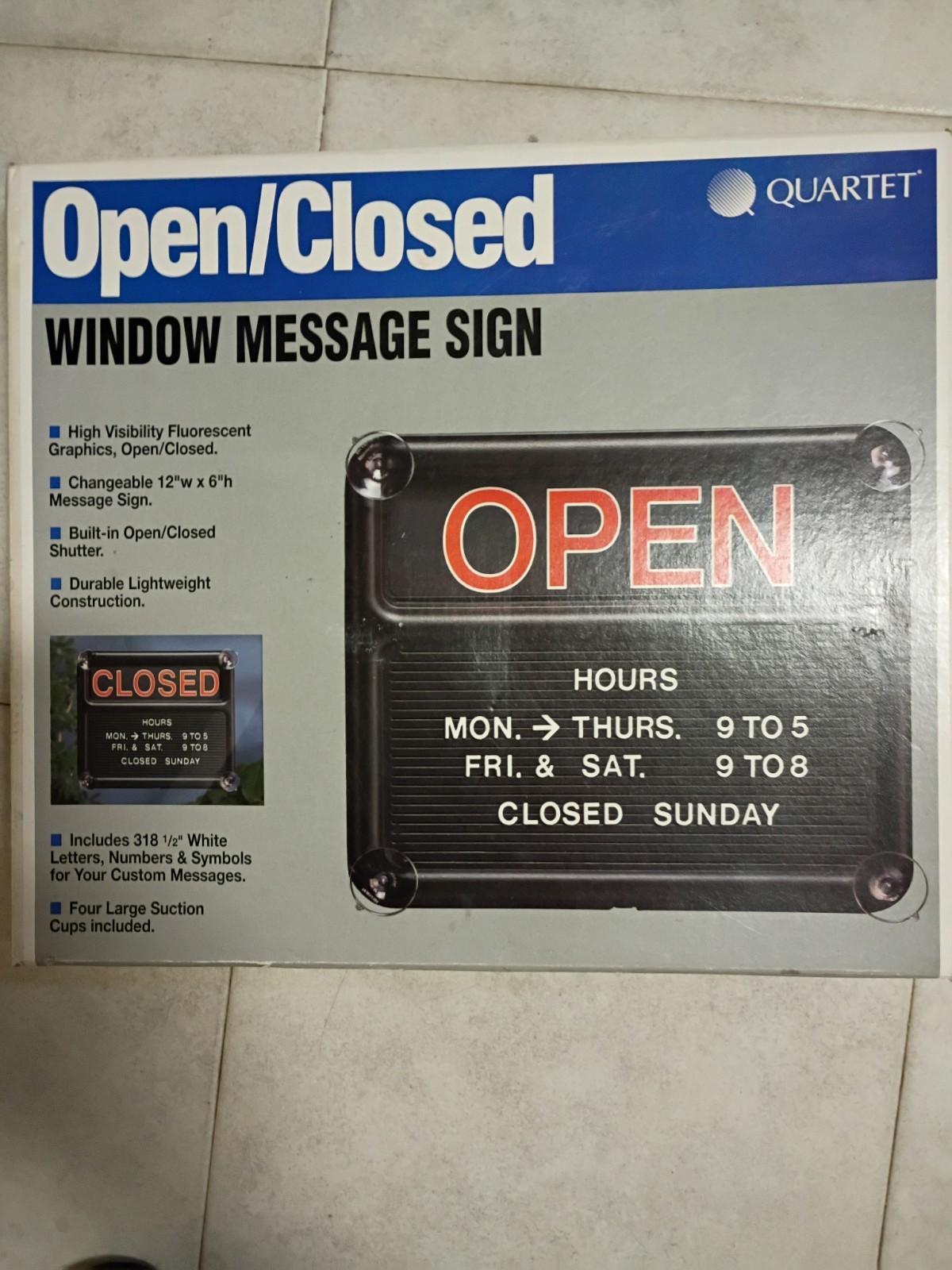 Quartet Open/Closed Window Message Sign 12×6 Store Business Hours – New (Defect)