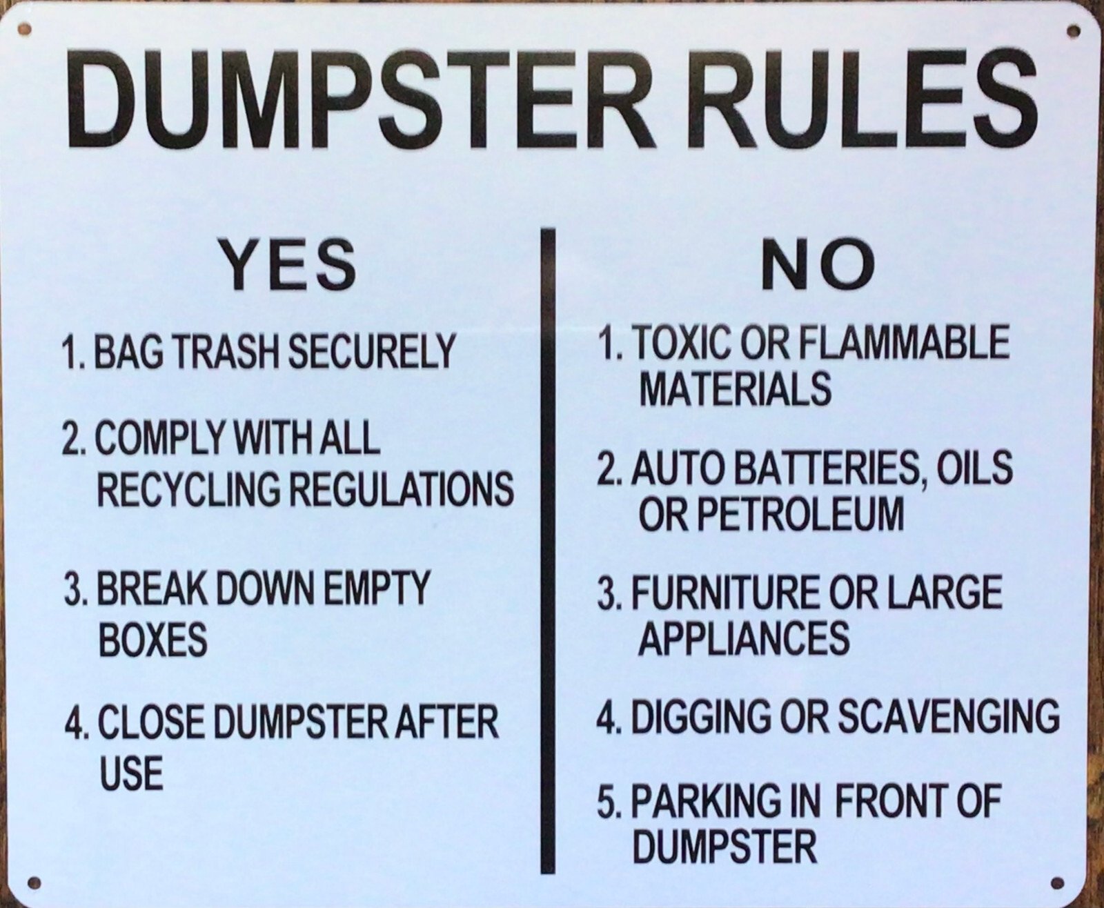 DUMPSTER RULES SIGN (10X12, WHITE BACKGROUND, ALUMINUM)
