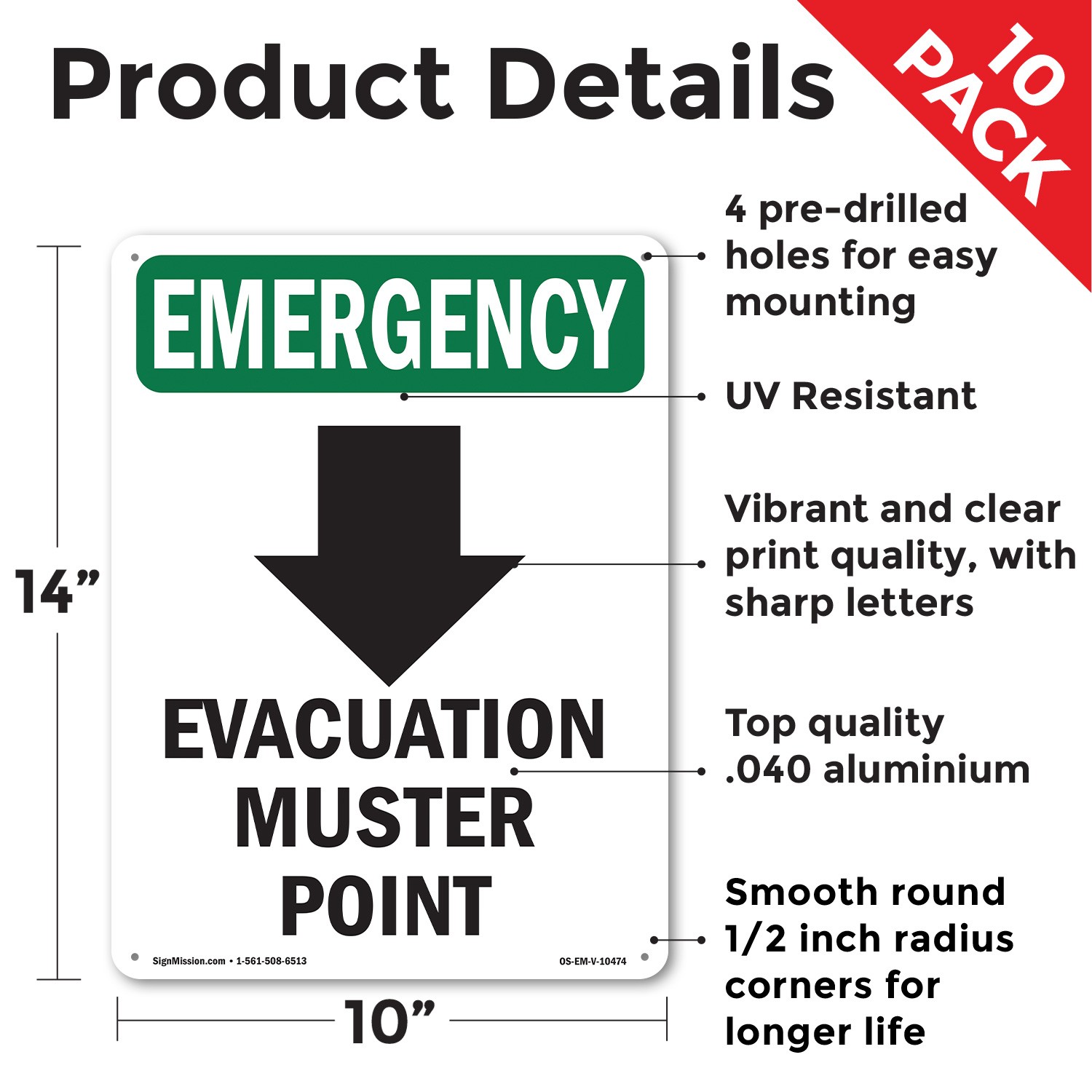 Evacuation Muster With Symbol OSHA Emergency Sign Metal, Decal – 5 or 10 Pack