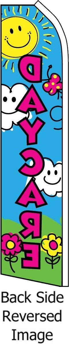 DAY CARE SUPER FLUTTER FLAG Tall Curved Advertising Banner Sign Feather Swooper
