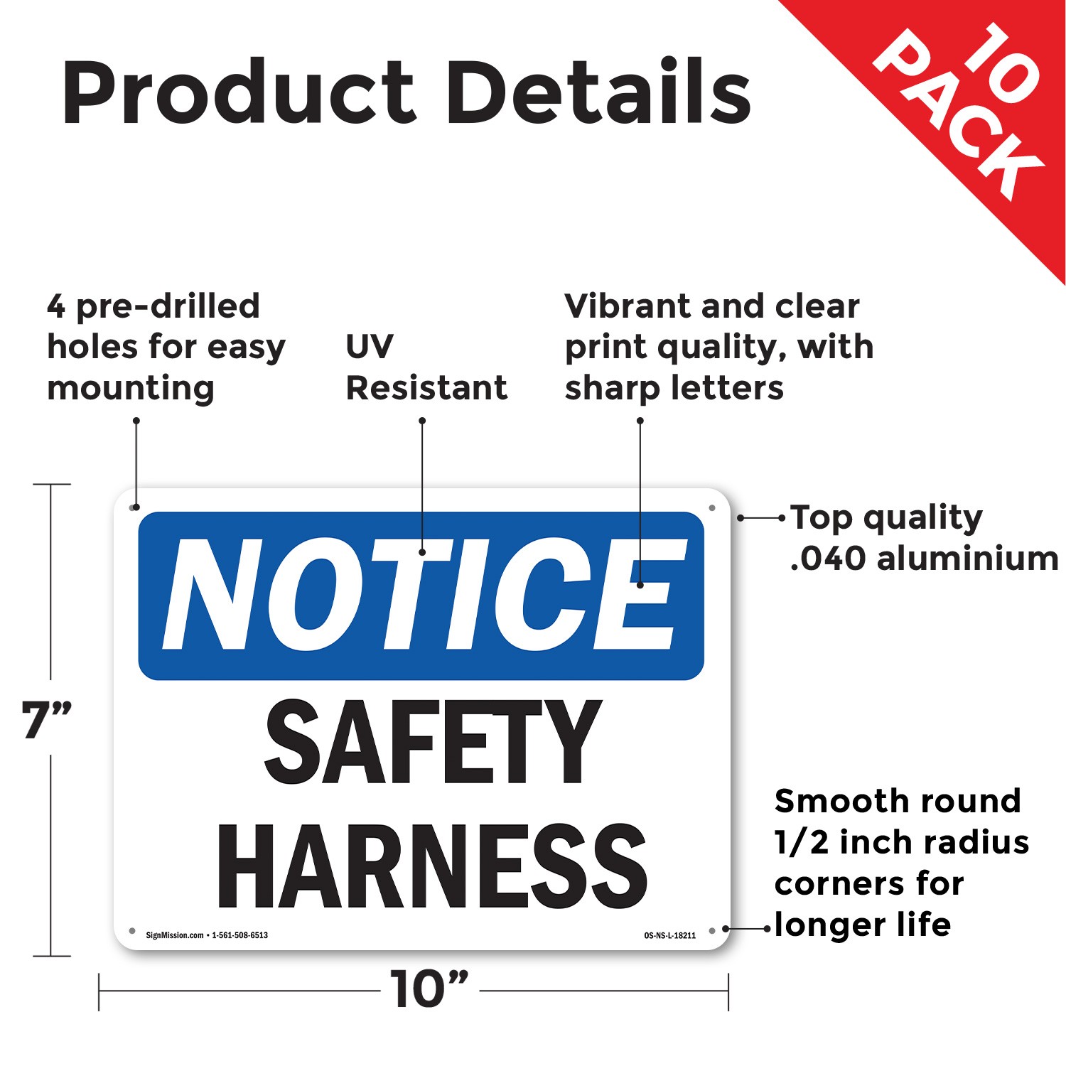 Safety Harness OSHA Notice Sign Metal, Plastic, Or Decal – 5 or 10 Pack