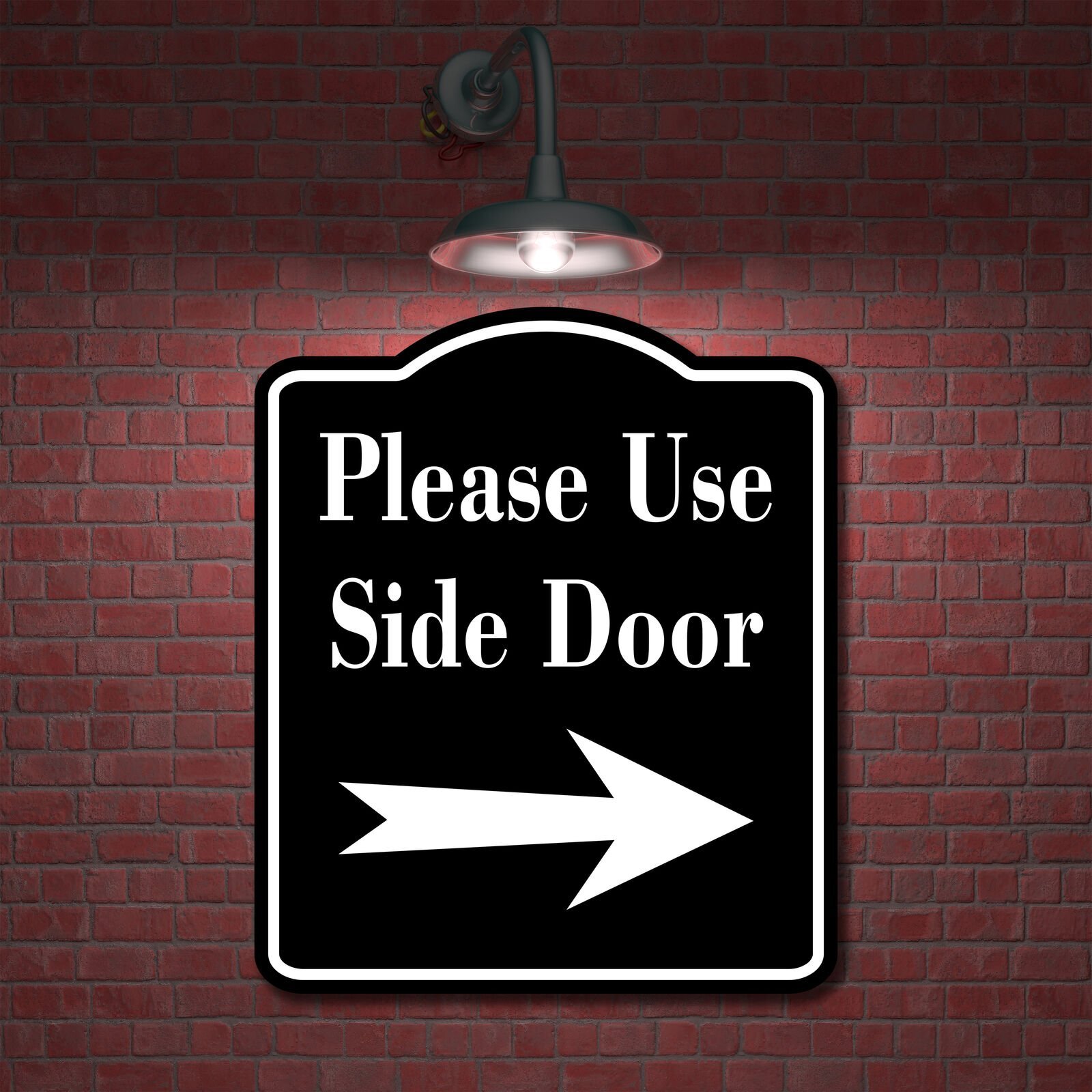 Please Use Side Door Right Arrow BLACK Aluminum Composite Sign
