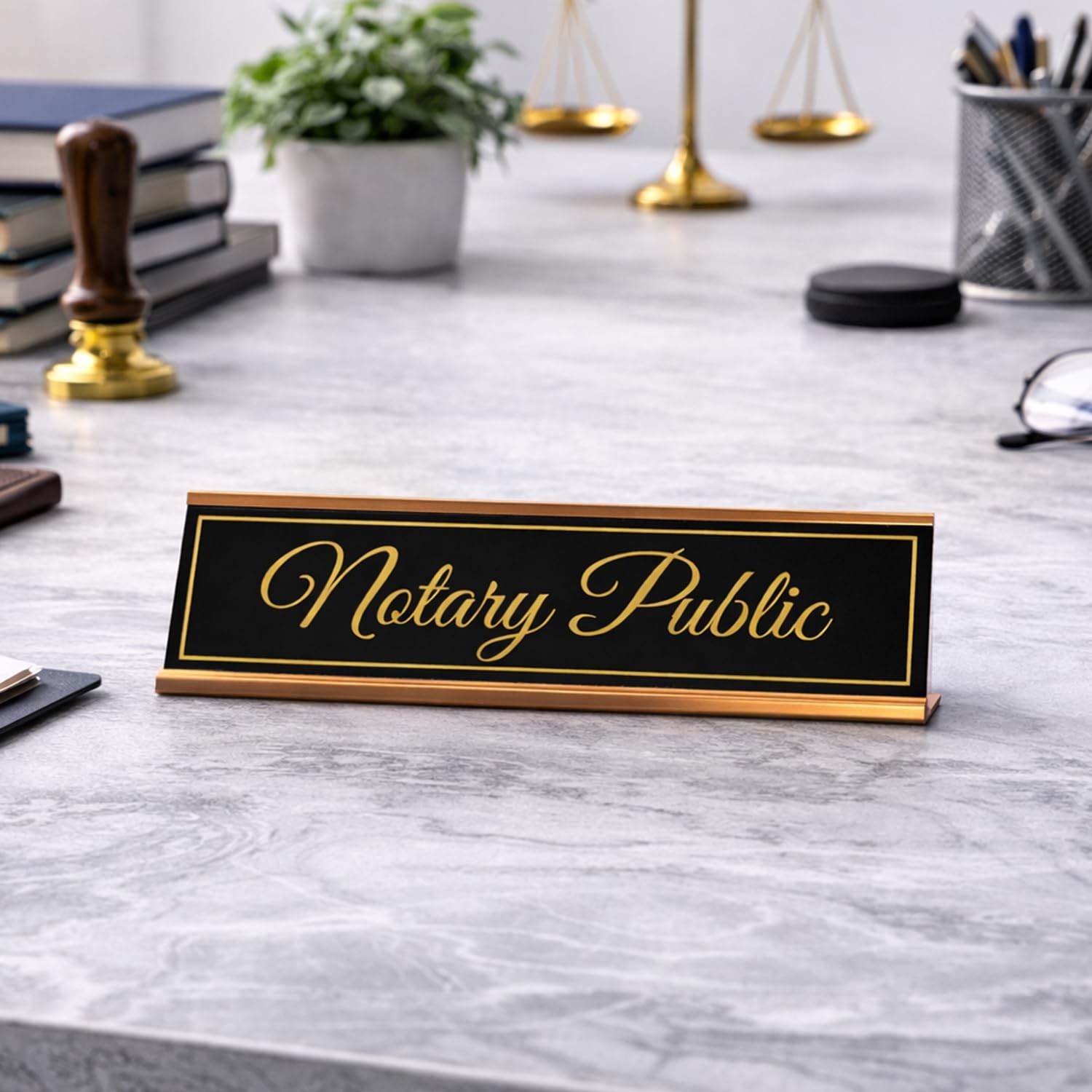 Signs ByLITA Notary Public Gold Frame Desk Sign (2×8&Prime;)