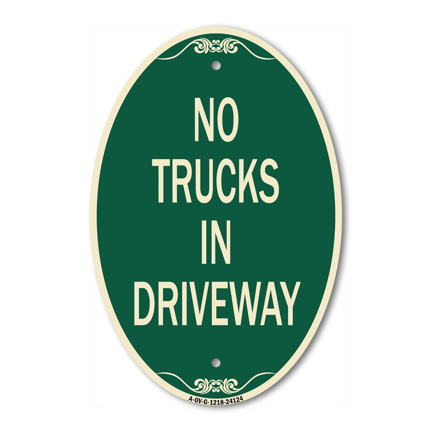 Driveway Sign No Trucks in Driveway 12&Prime; x 18&Prime; Green & Tan Aluminum Oval Sign