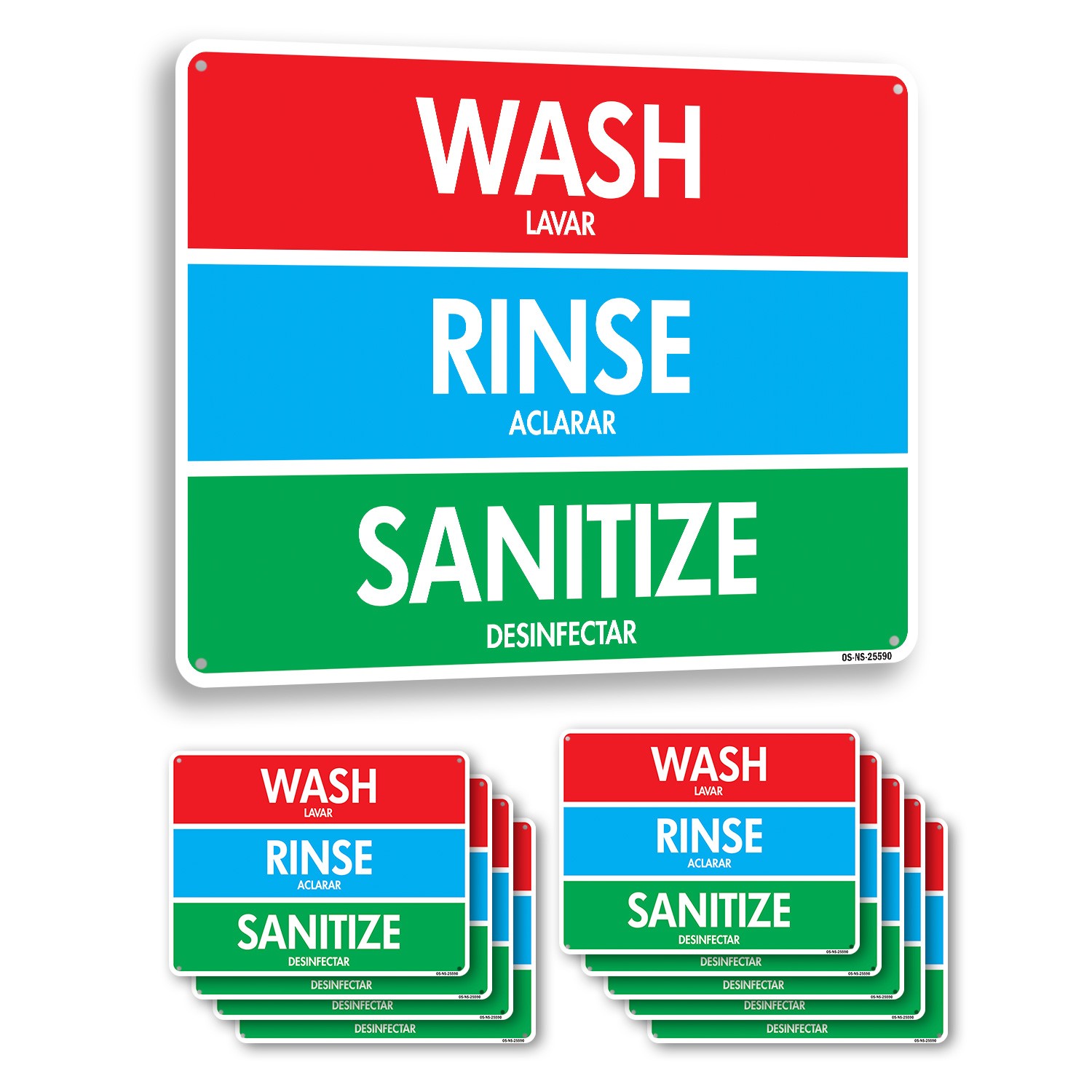 Wash Rinse Sanitizes Public Safety Sign Metal, Plastic, Or Decal – 5 or 10 Pack