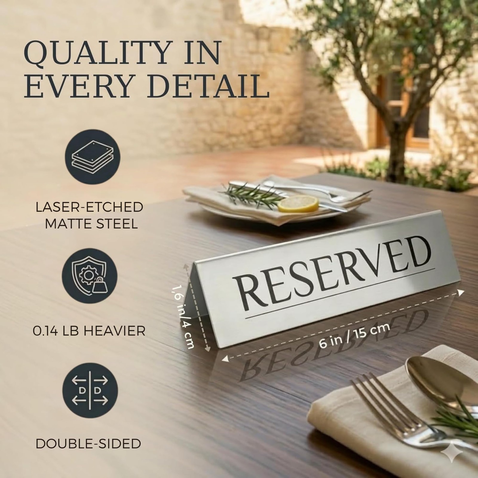 6 PCS Reserved Table Signs Raised Black Letter Brushed Matte Steel 61.6 Inch