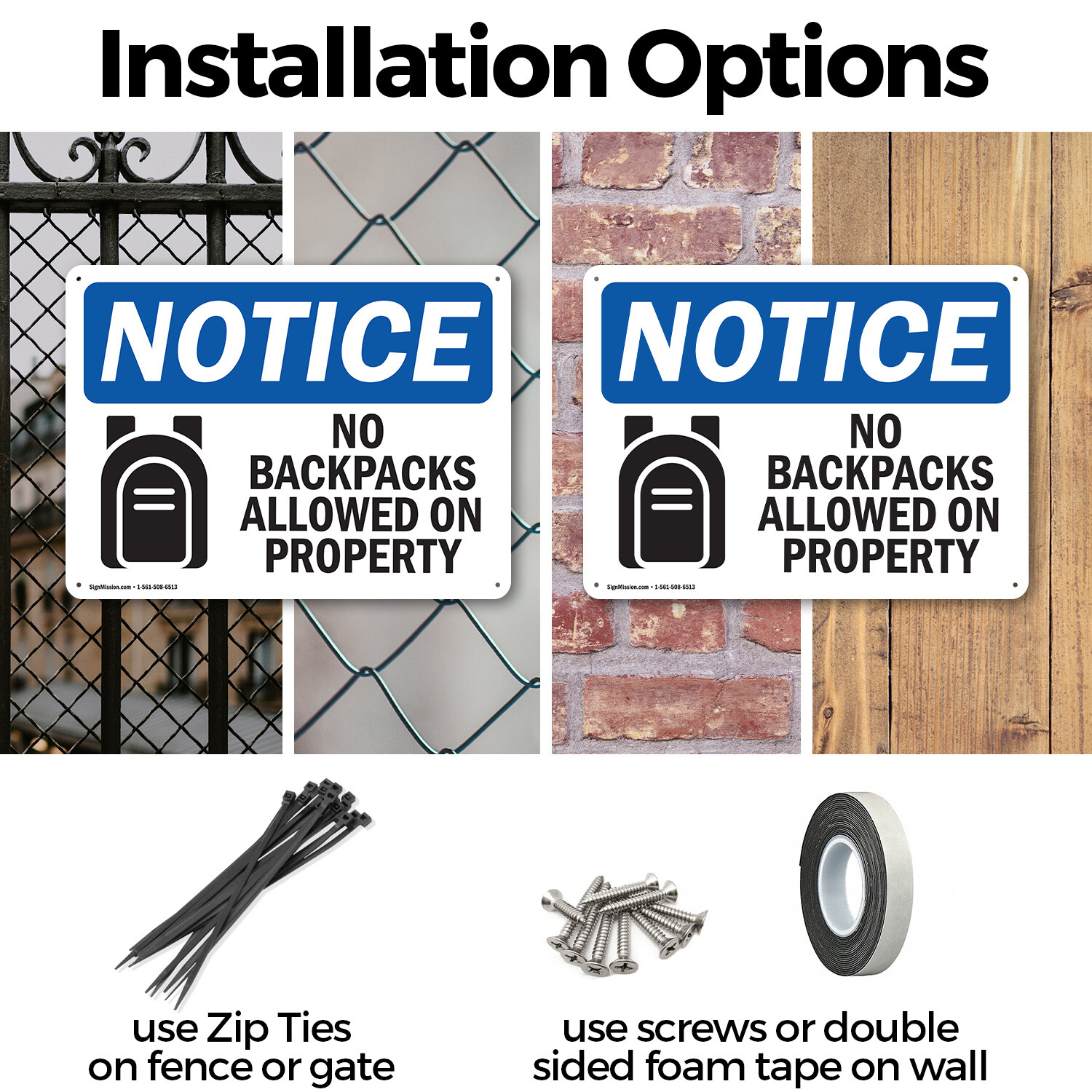 (2 Pack) No Backpacks Allowed On Property OSHA Notice Sign Decal Metal Plastic
