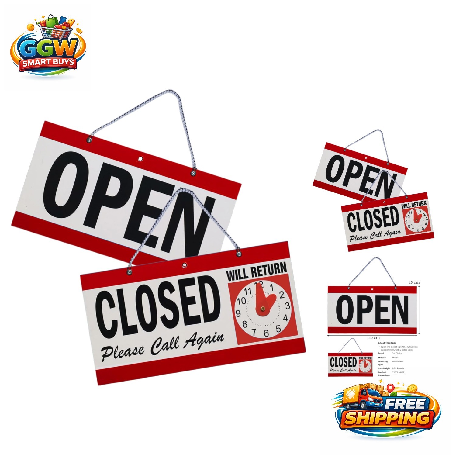 Durable Portrait Open Closed Sign with &lsquo;Will Return&rsquo; Clock for Quick Viewing