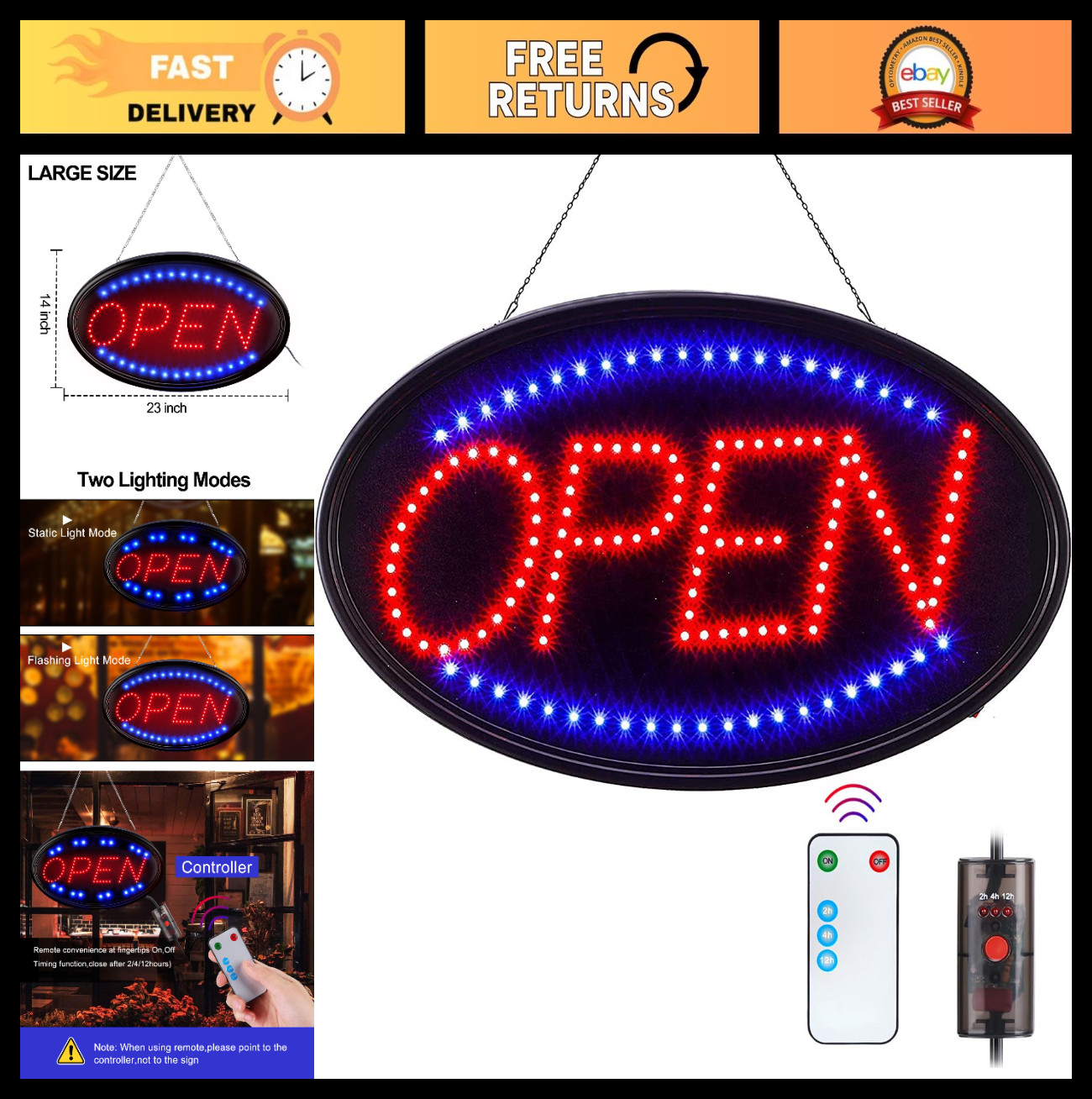 Large 23×14&Prime; LED Open Sign with Remote – Flashing & Steady Light Modes for Busin